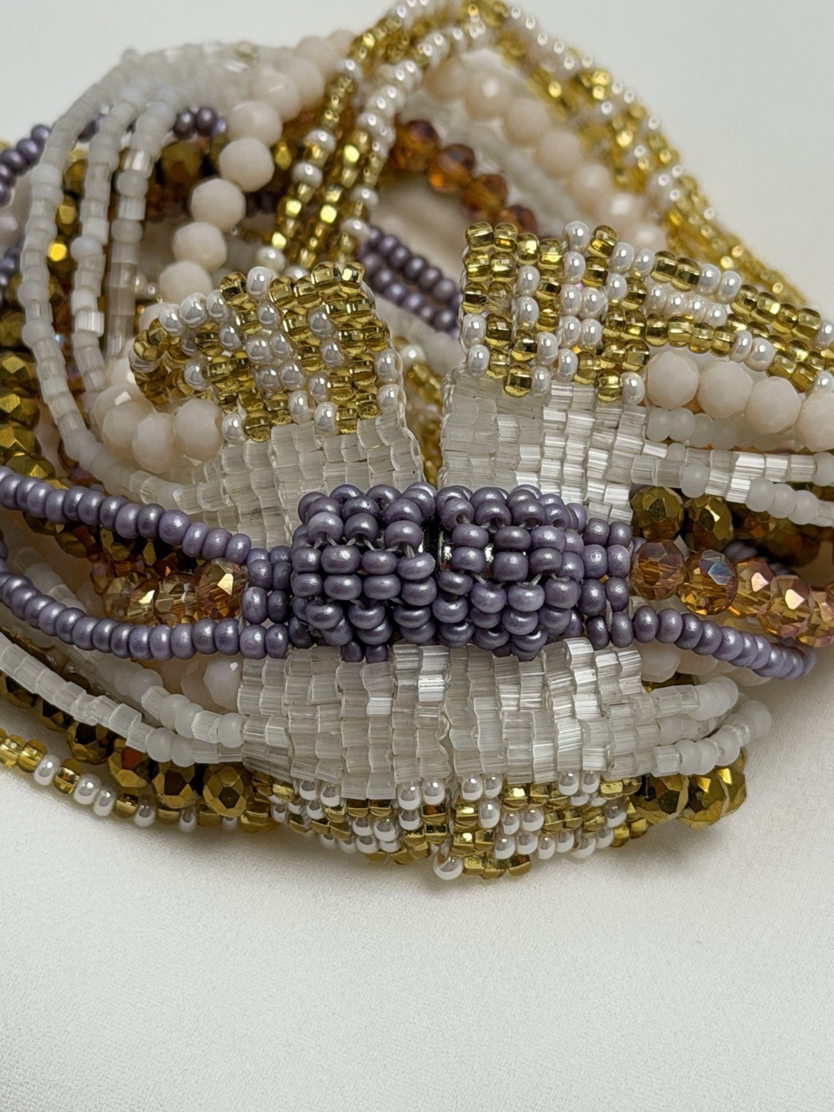 Multicolor Glass Beaded Wrap Bracelet Slide Closure Adjustable Gold/White/Purple