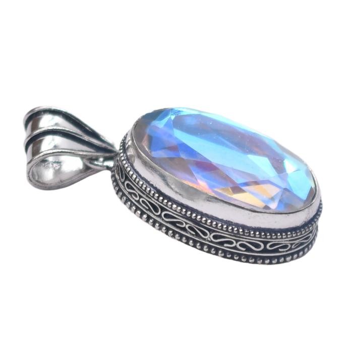 Mystic Topaz Hydro Gemstone Antique Silver Plated Pendant 2″ J 2139
