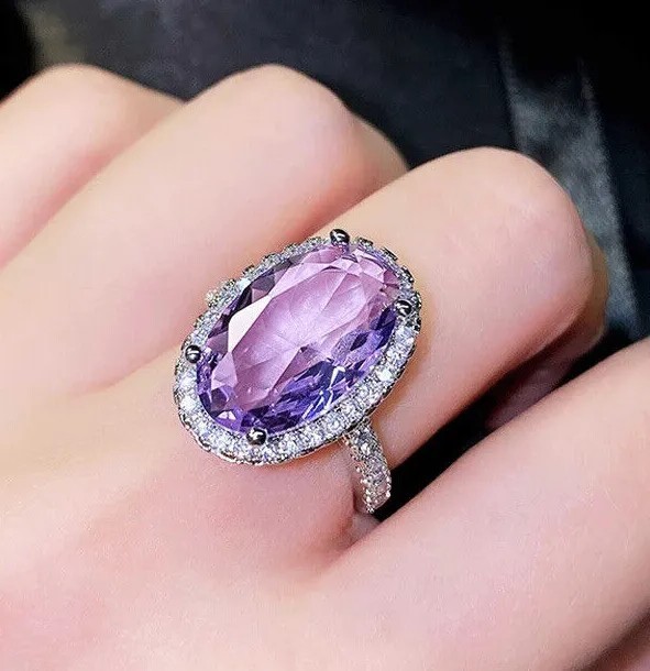 4Ct Oval Cut Lab Created Amethyst Diamond Halo Engagement Ring White Gold Plated