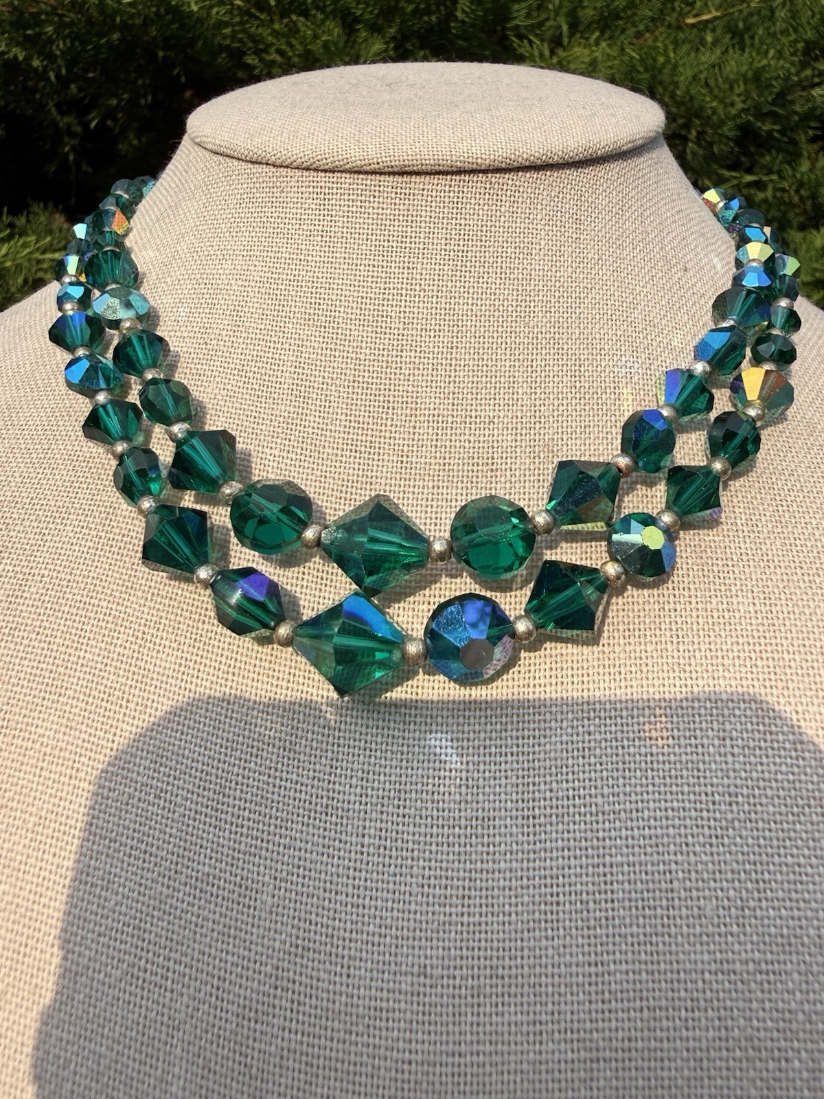 VNTG Czech Bi-color Blue Green Cut Faceted Glass Bead Double Strand 20”Necklace