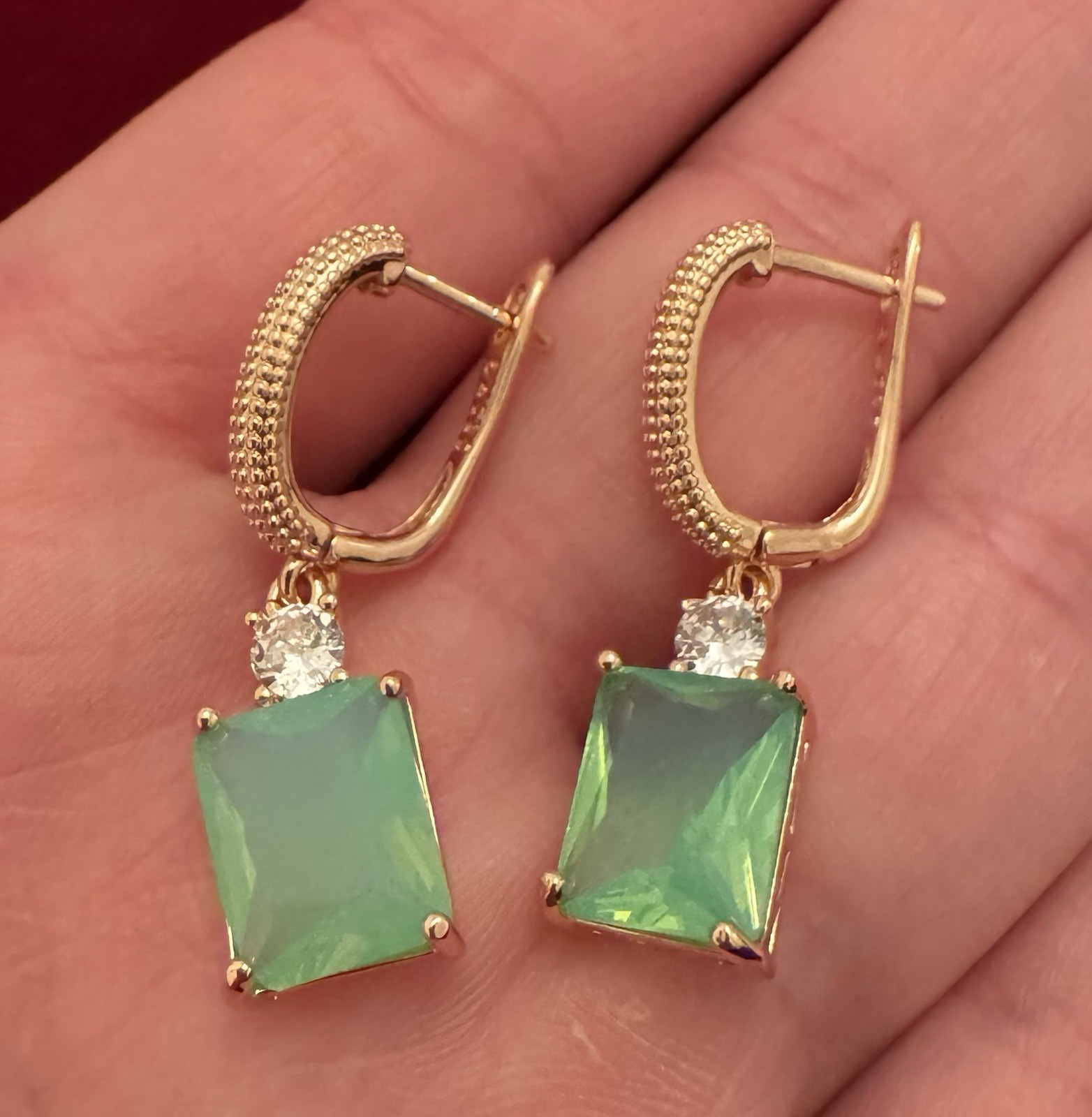 Stamp 585RG 14k Vintage Rose Gold Filled / Plated Emerald Style Dangle Earrings