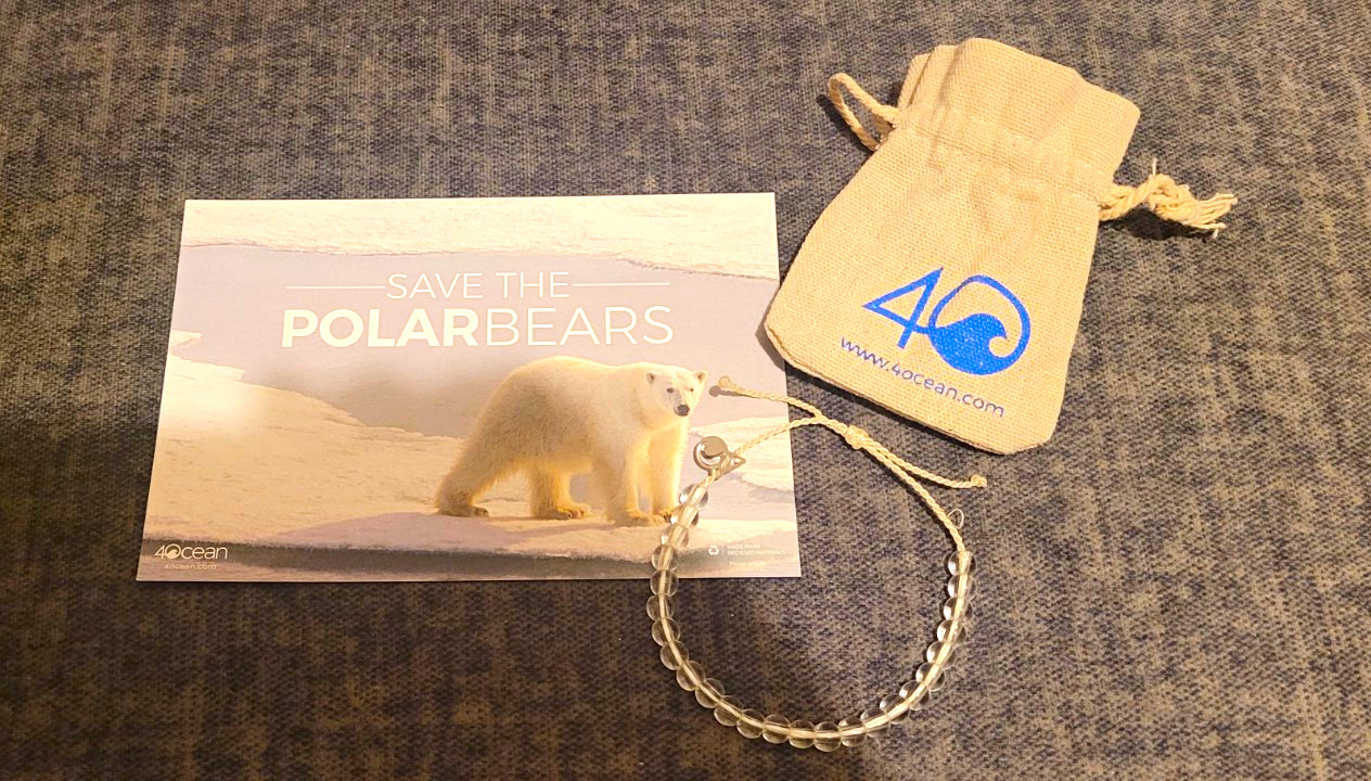 4ocean Polar Bear Beaded Bracelet Clear/White Plastic Cord Adjustable Sizable
