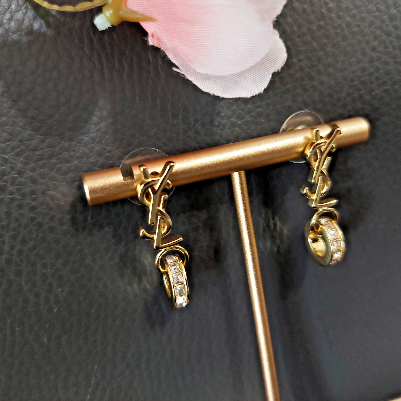 Auth. YVES SAINT LAURENT YSL LOGO Stud CRYSTAL Ring Drop EARRINGS Gold Tone