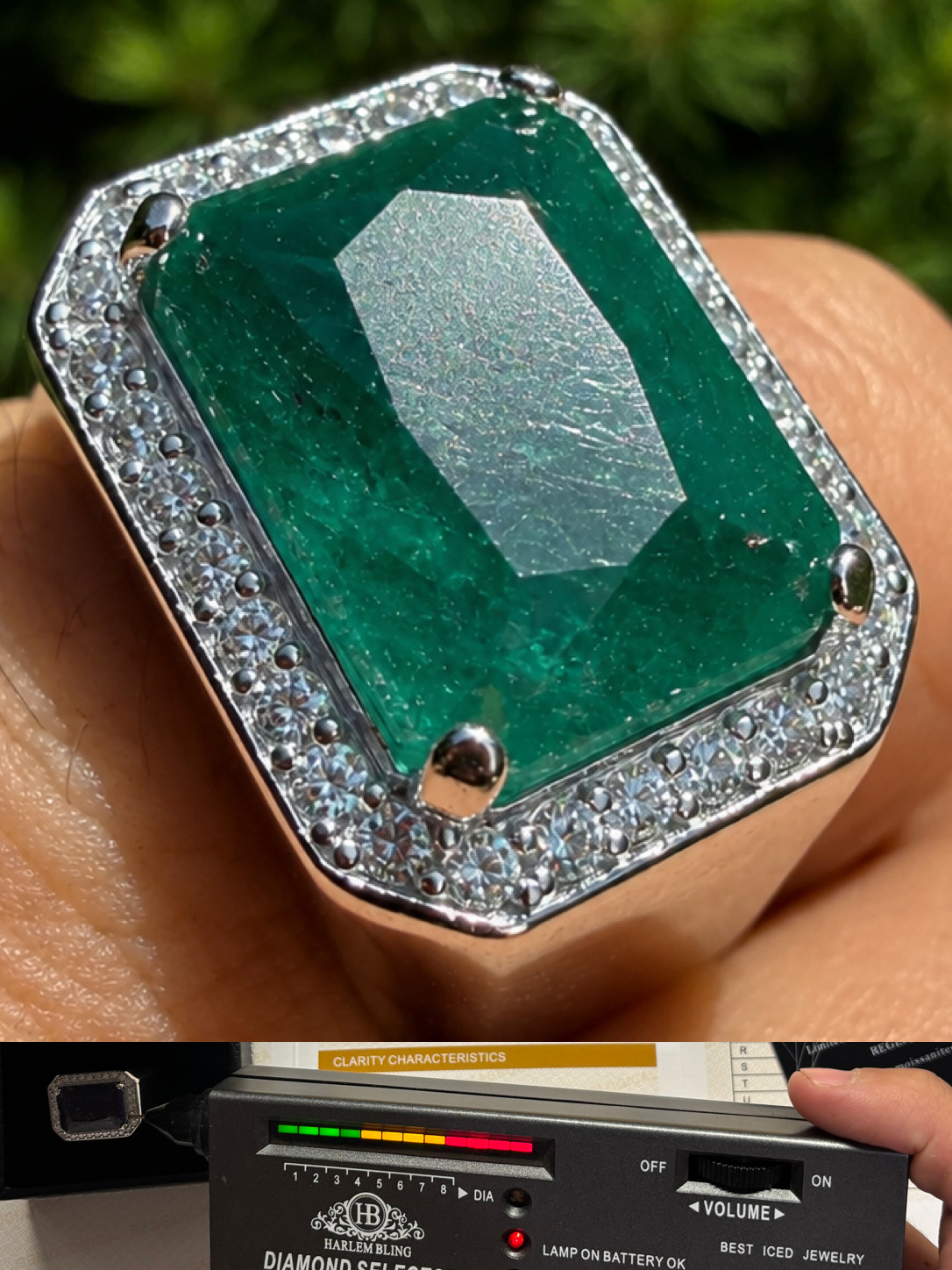 MOISSANITE Iced Natural 9ct Rectangle Green Emerald Stone Ring 925 Silver