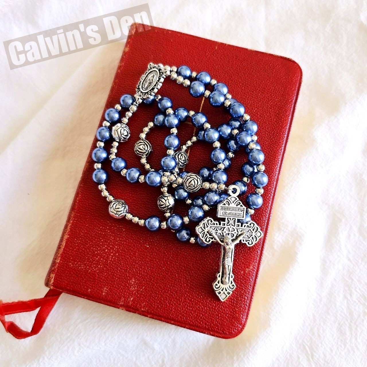 Blue Pearl Bead Rosary Necklace Miraculous Medal Rosebud Crucifix Cross Gift