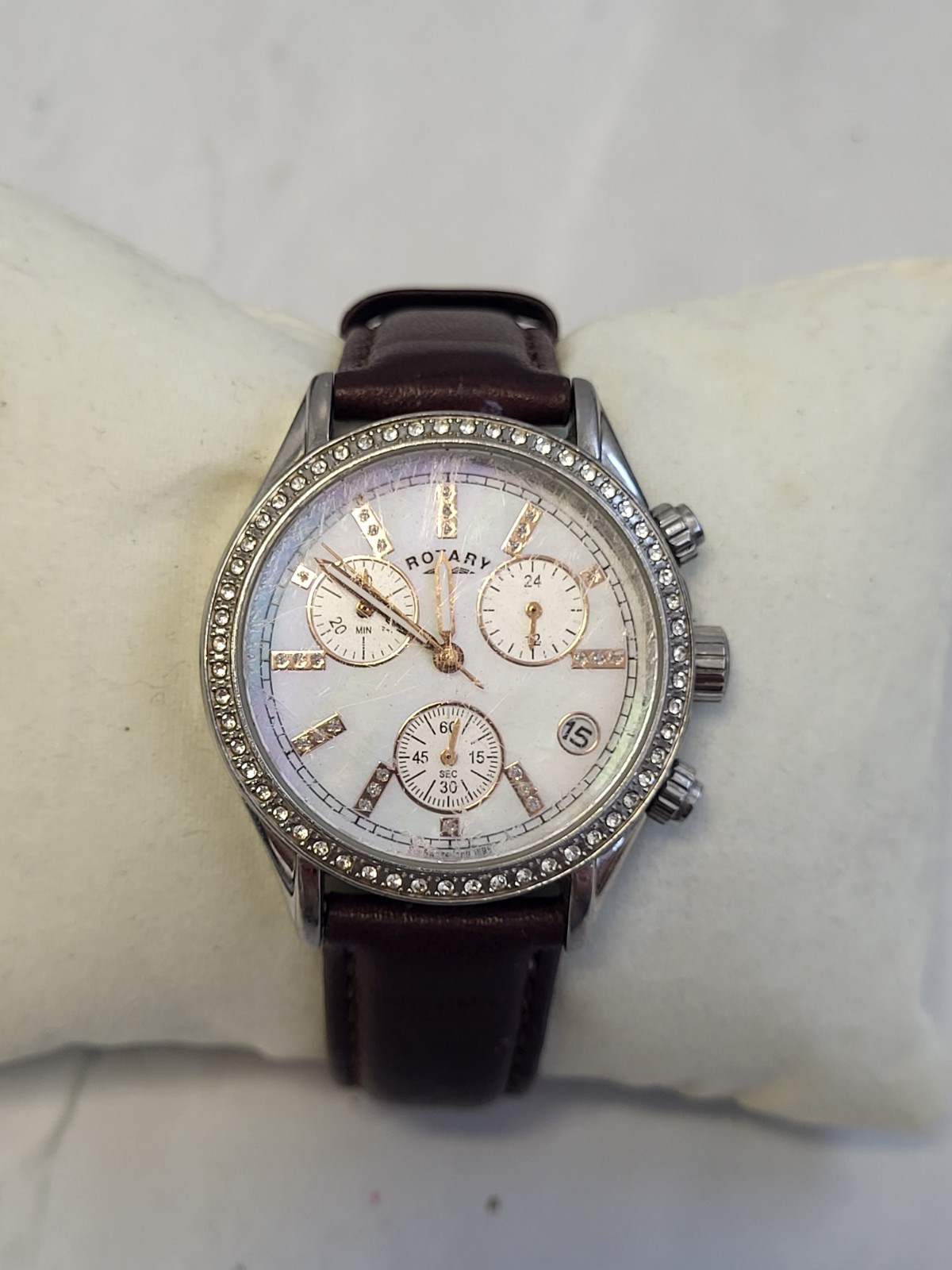 Rotary Chronograph Watch Mother Of Pearl Dial & Leather Strap. PD