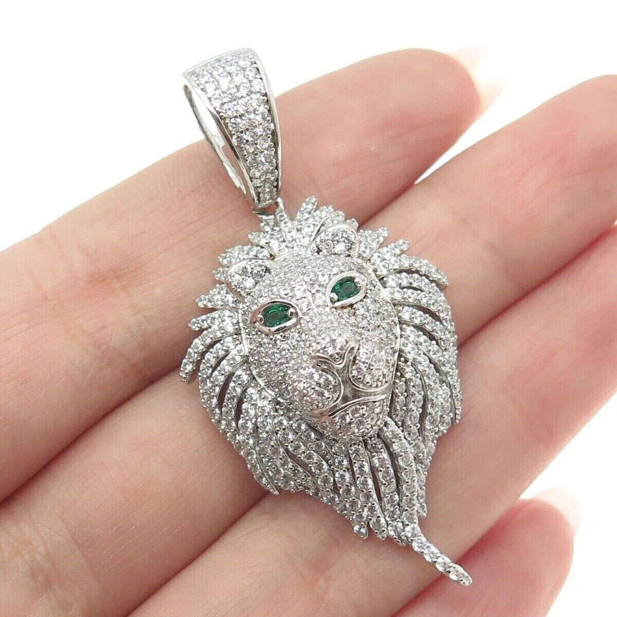 3Ct Round Simulated Dimaond Halo Lion Face Charm Pendant 14k White Gold Plated