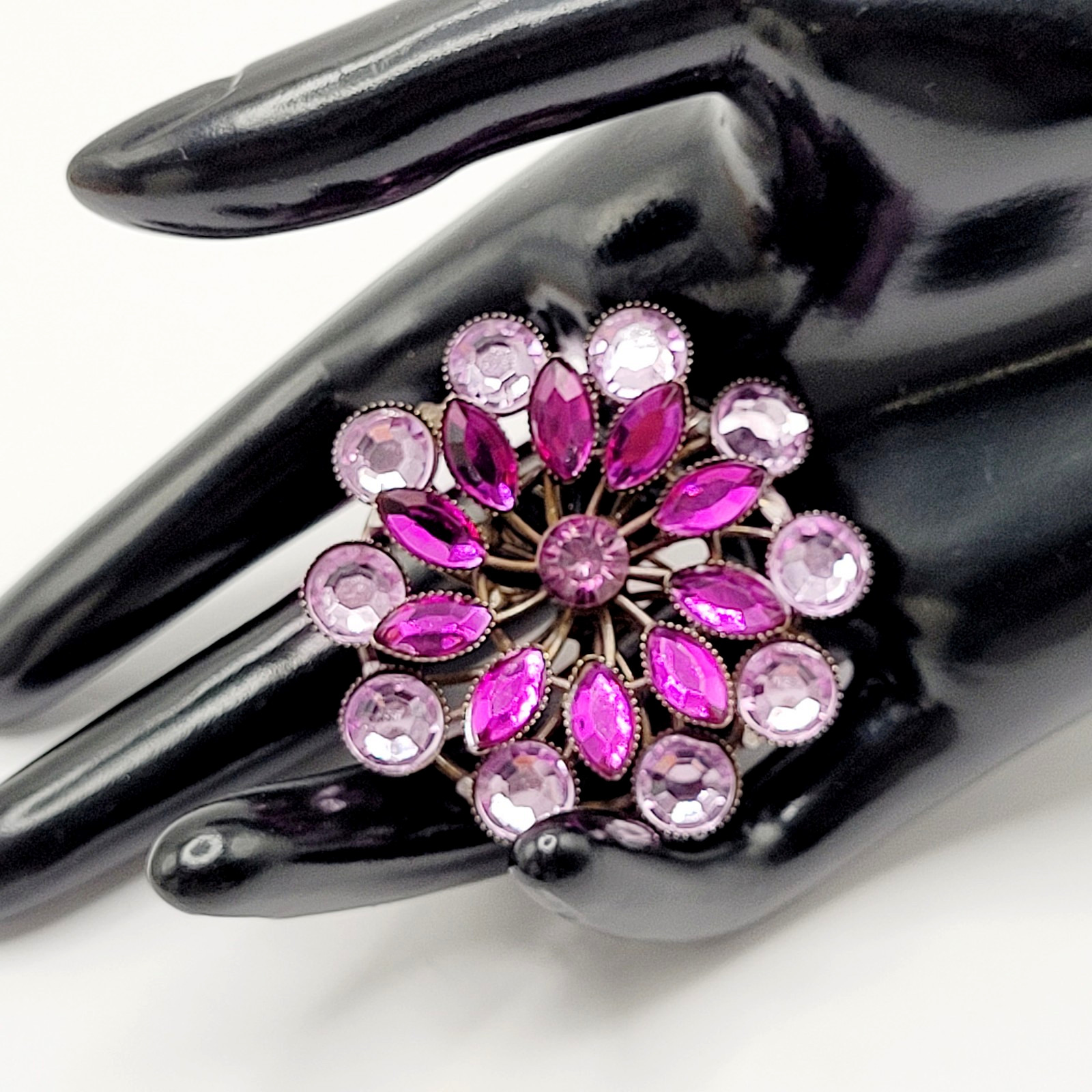 Purple Shades Floral Design Faceted Glass Rhinestone Metal Costume Brooch Pin