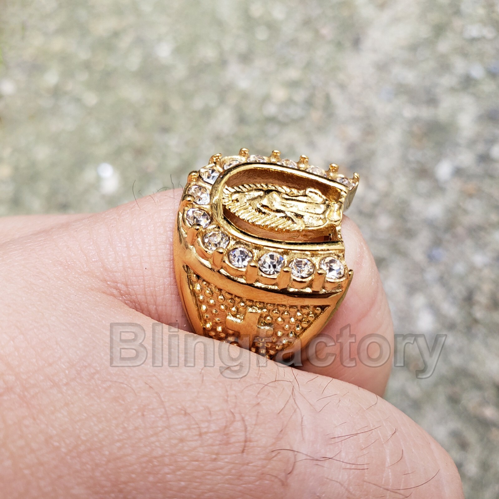 GOLD STAINLESS STEEL HIP HOP ICED GUADALUPE CUBIC ZIRCONIA RING SIZE 8~12 S09