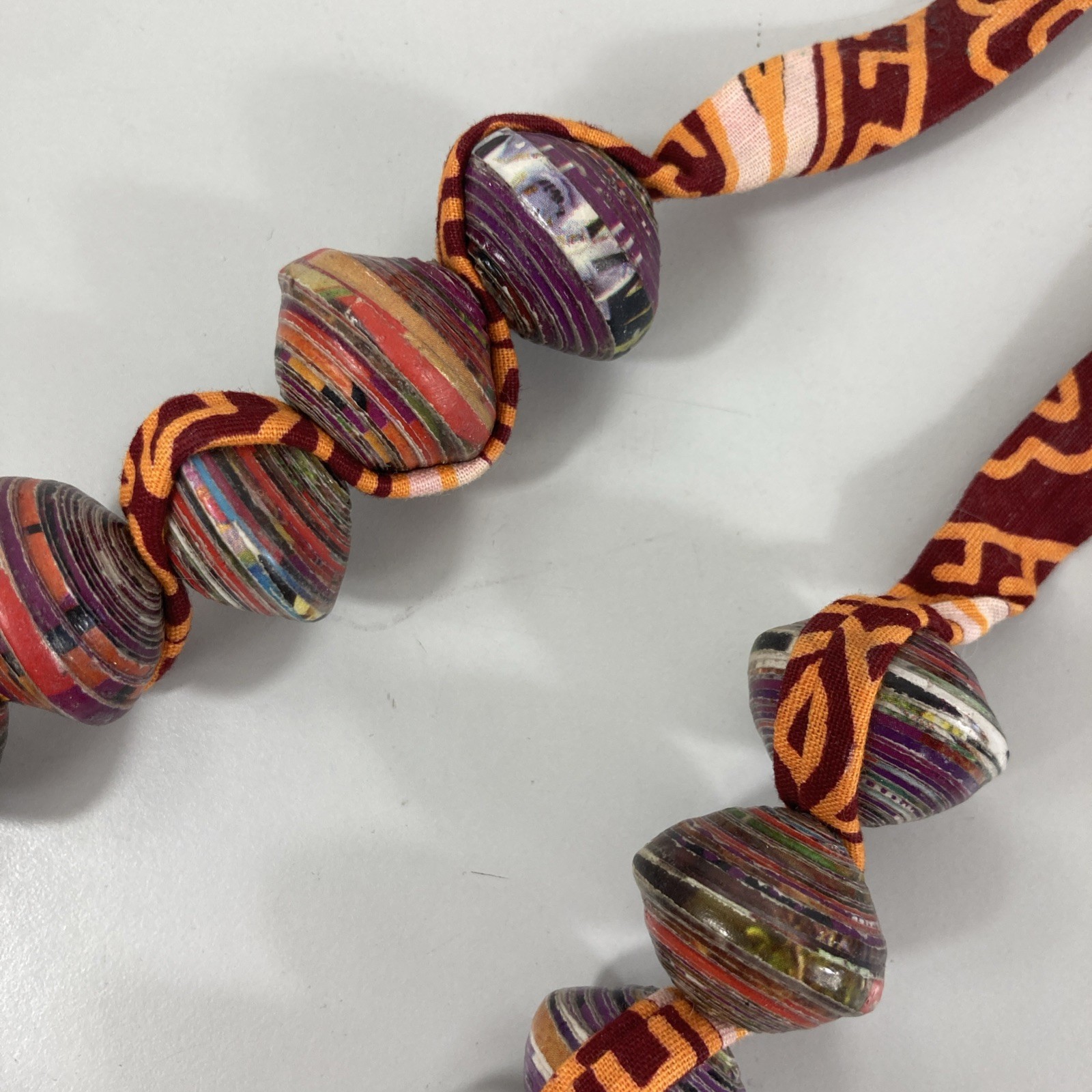 Artisan Rolled Paper Bead Necklace Fabric Chain Purple Orange Chunky Handmade
