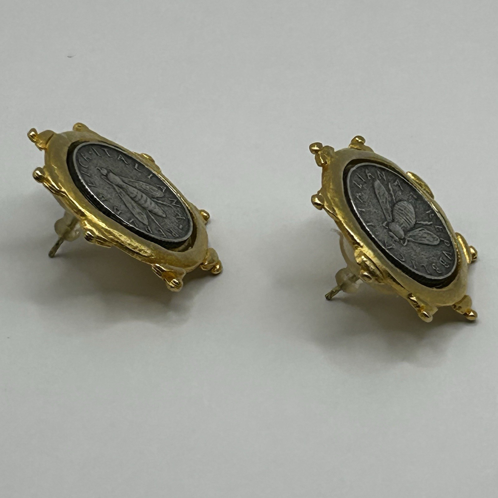 SUSAN SHAW Italian Bee Coin Gold Tone Post Earrings Handmade USA