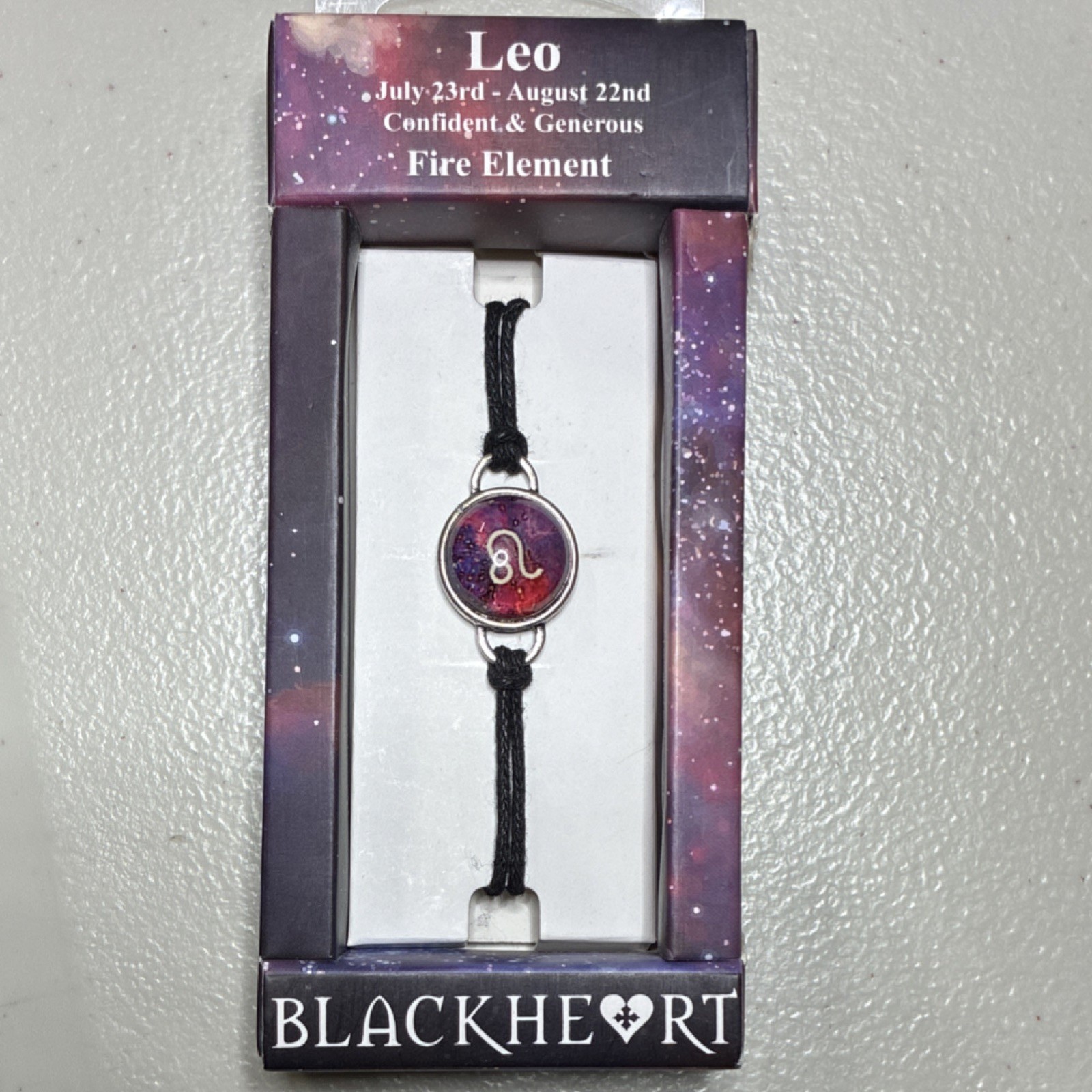 Blackheart Leo Zodiac Adjustable Black Cord Charm Bracelet Silver Tone