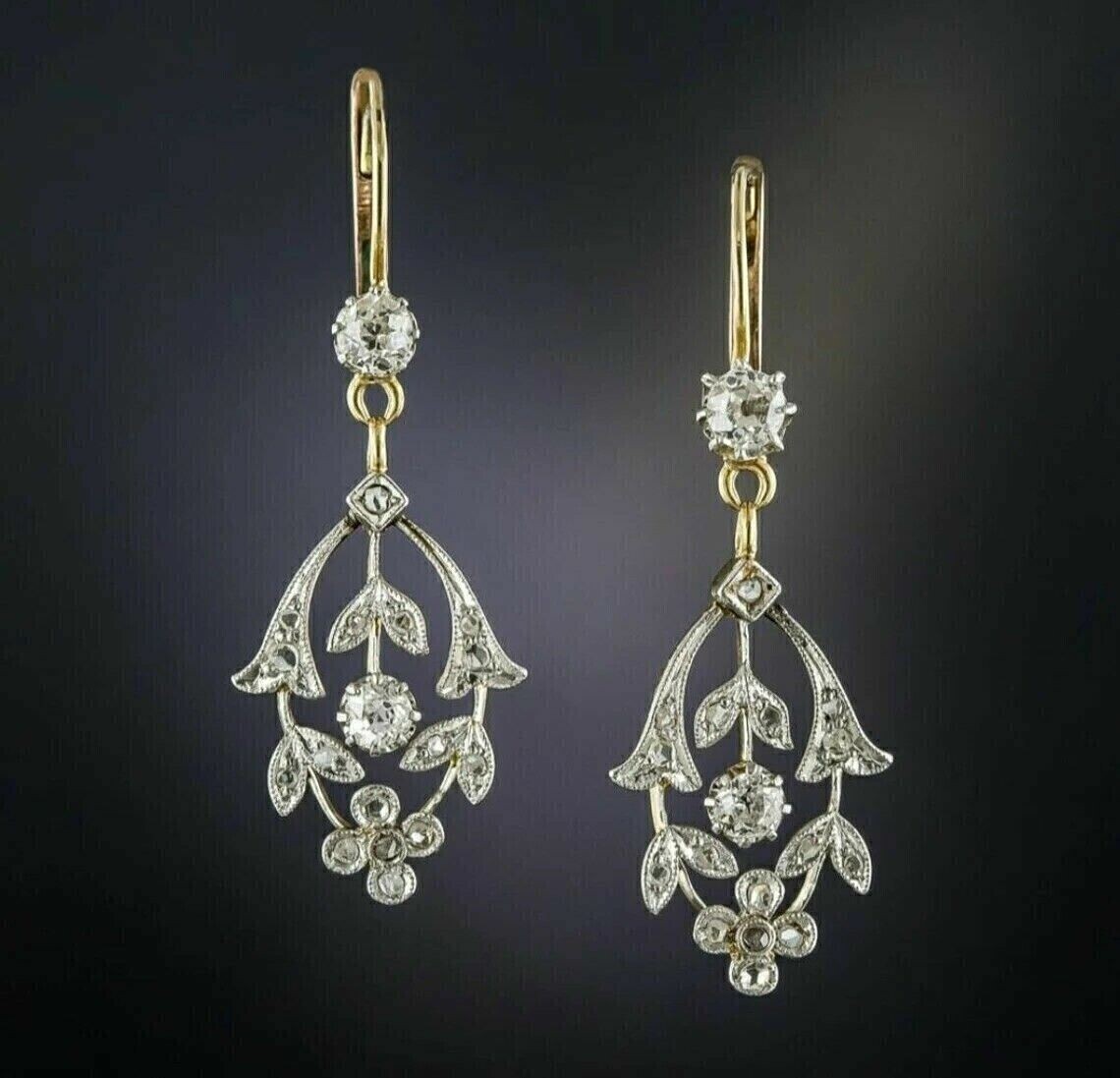 Art Dec Drop Earrings In 14K Yellow Gold Plated 2Ct Round Cut Simulated Diamond