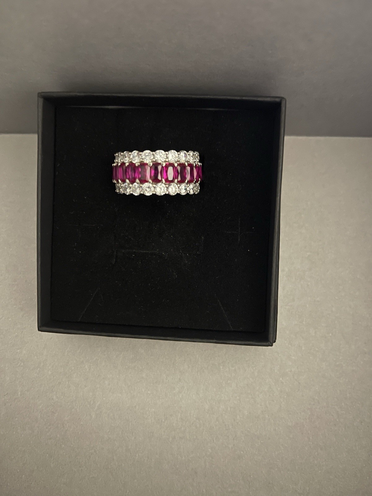 Stunning Simulated Ruby and Diamond Silver Ring Band Size 8