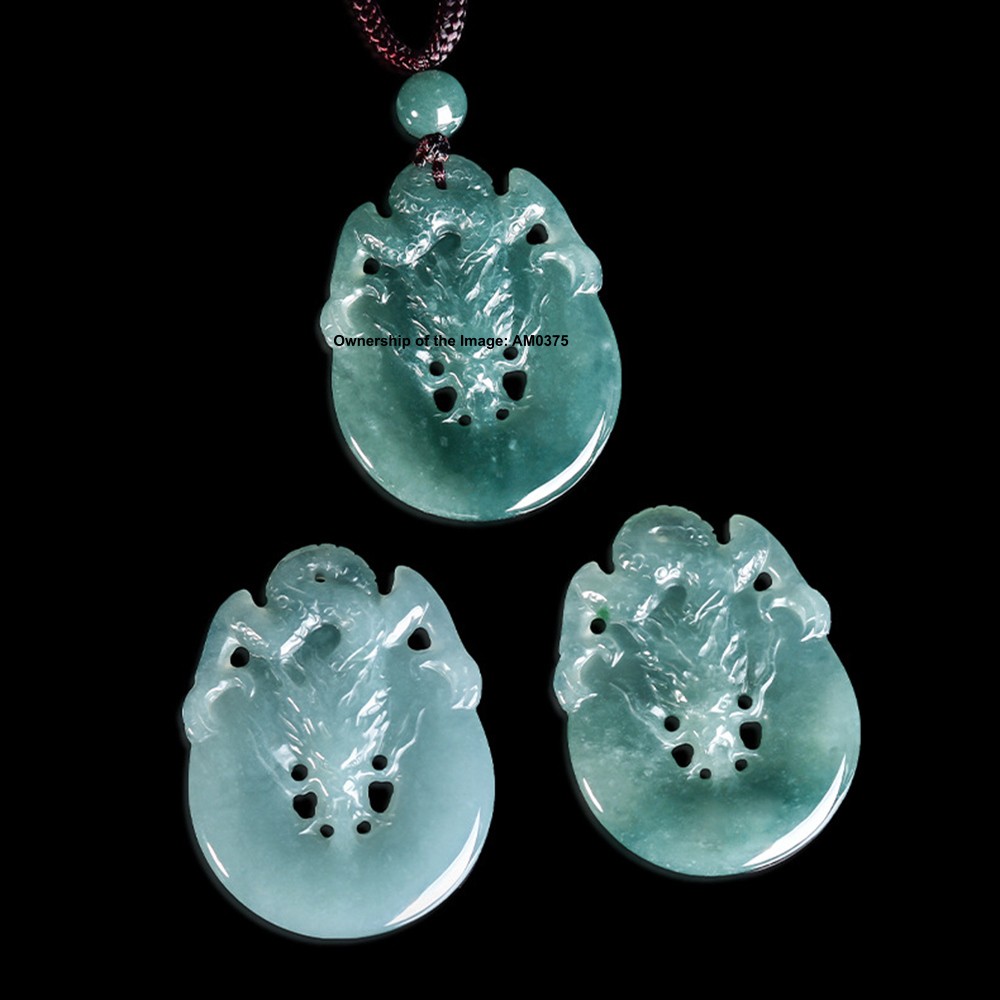 Natural Grade A Jadeite ICY Blue Jade Dragon Pendant Blessing Amulet Pendant