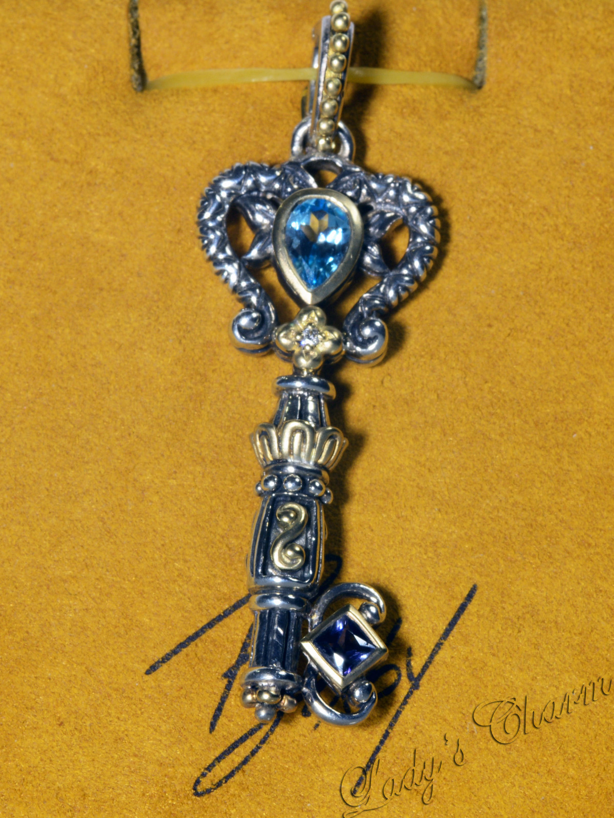 🦋HE Barbara Bixby Diamond Blue Topaz Iolite Harmony Key Pendant Sterling 18K