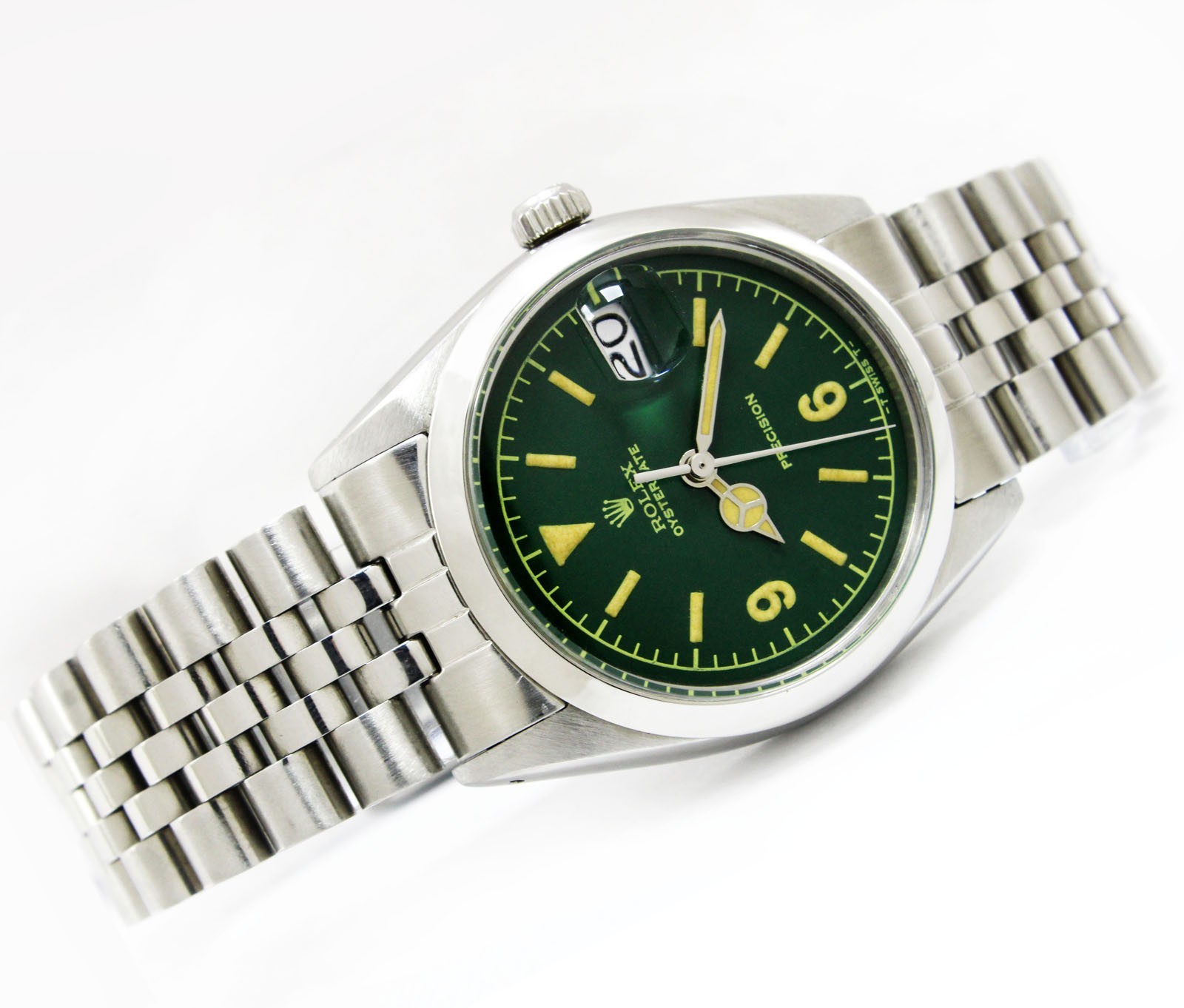 Vintage Rolex Oysterdate Precision Green Dial 34mm Men Steel Watch Ref 6694