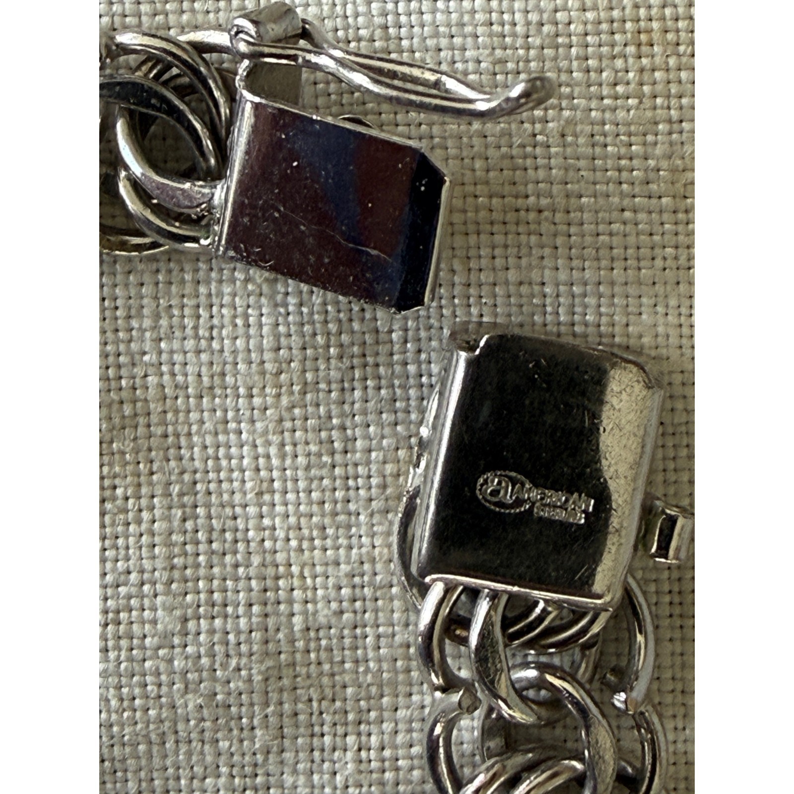 Vtg. American Sterling Double Link Charm Bracelet with 3 Charms Safety Chain 8″