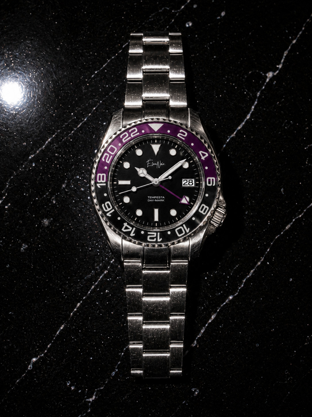 Custom Élan Noir Tempesta GMT Automatic Watch 41mm Steel Black Dial Purple Bezel