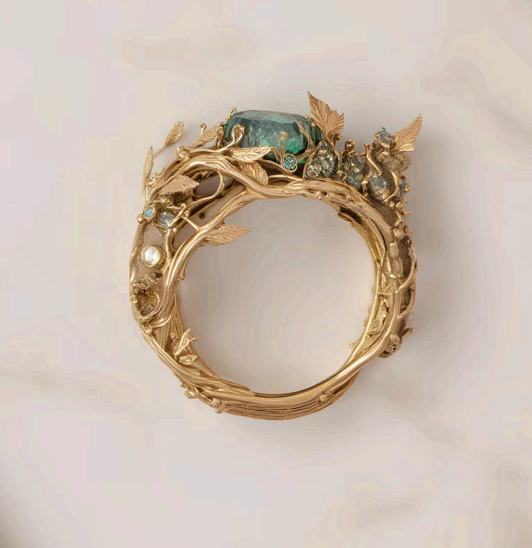 Copper Branch Ring Green Crystal Elven Nature Statement Jewelry