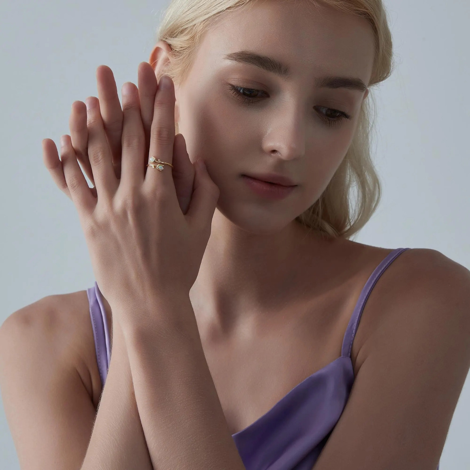 Dainty Opal Tulip Flower Stacking Bypass Ring in 925 Sterling Silver