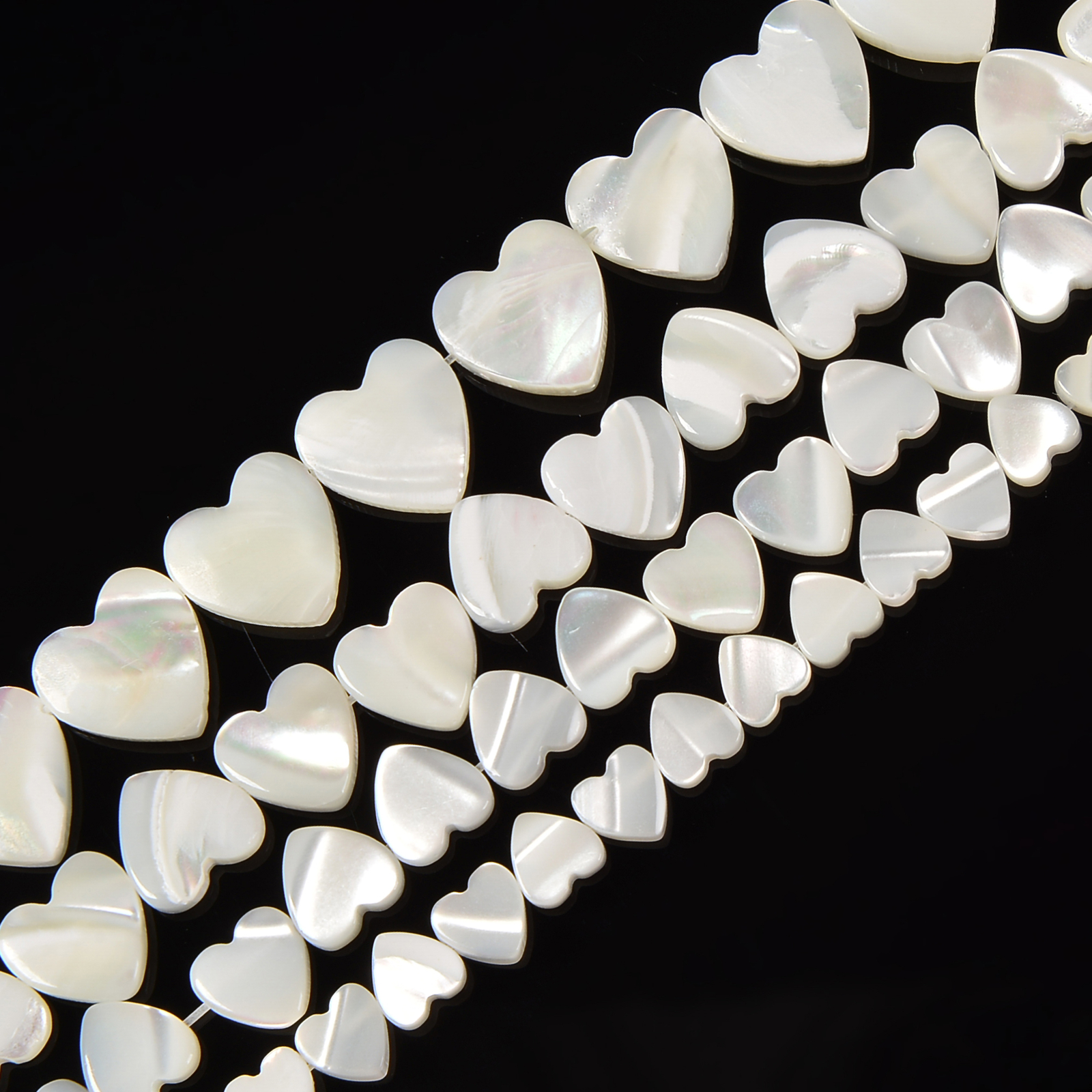 White Mother of Pearl MOP Shell Horizontal Drilled Heart 6mm to 12mm 15.5” Strd