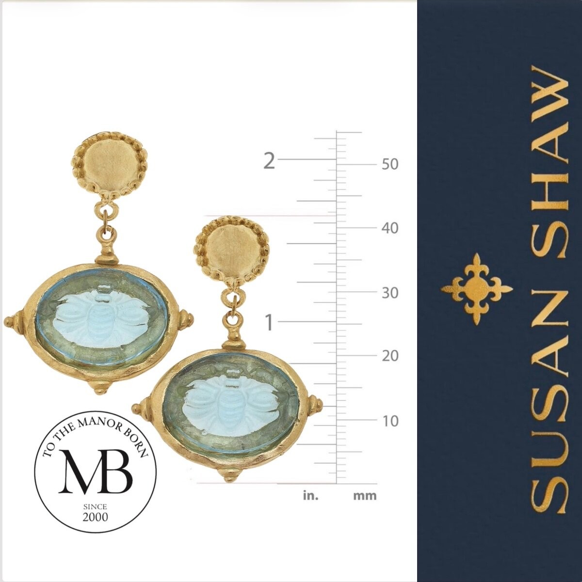 Susan Shaw Earrings Venetian Glass Intaglio Bee Cab 24K TPG Jewelry Gift