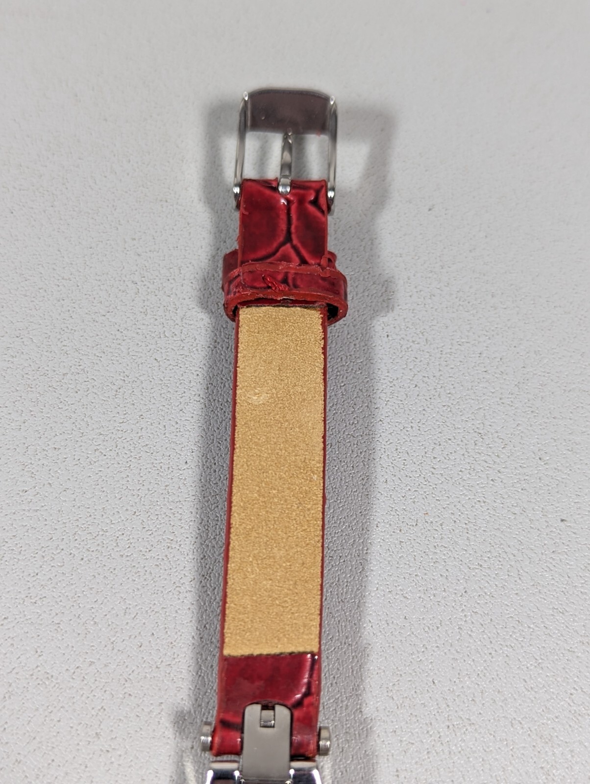 White Pearlized Dial Silver Tone Rectangle Case Red Leather Band Watch 7.25 In