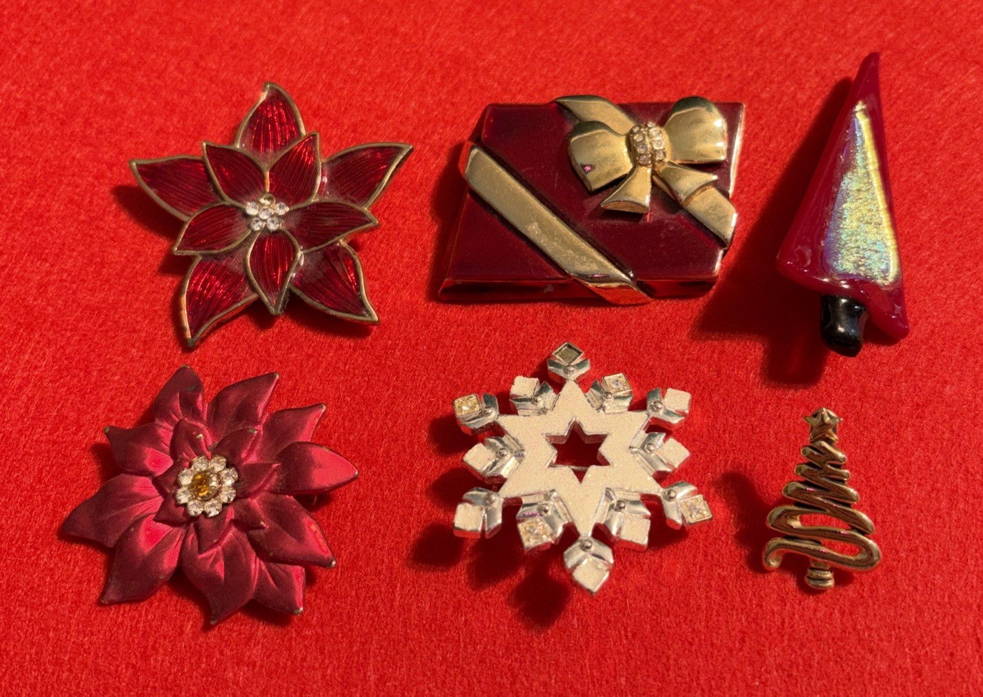 Vintage Rhinestone Enamel Christmas Tree Poinsettias Snowflake Brooch Lot of 6