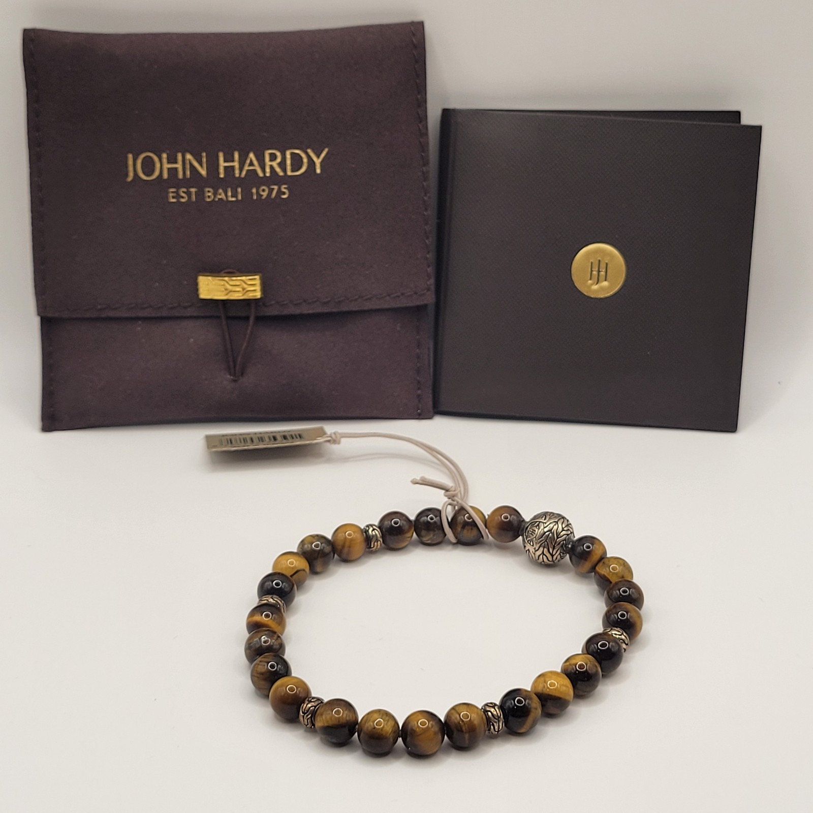 JOHN HARDY Men’s Sterling Silver Bead BRACELET w/8mm Tiger Eye Pusher Clasp SZ L