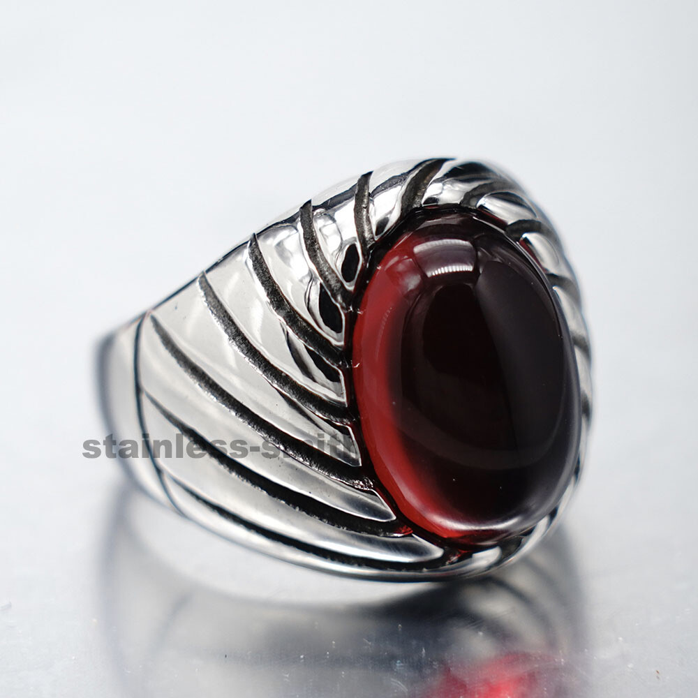 Mens Red Red Garnet Stone Ring Men Stainless Steel Size 7 8 9 10 11 12 13 14 15