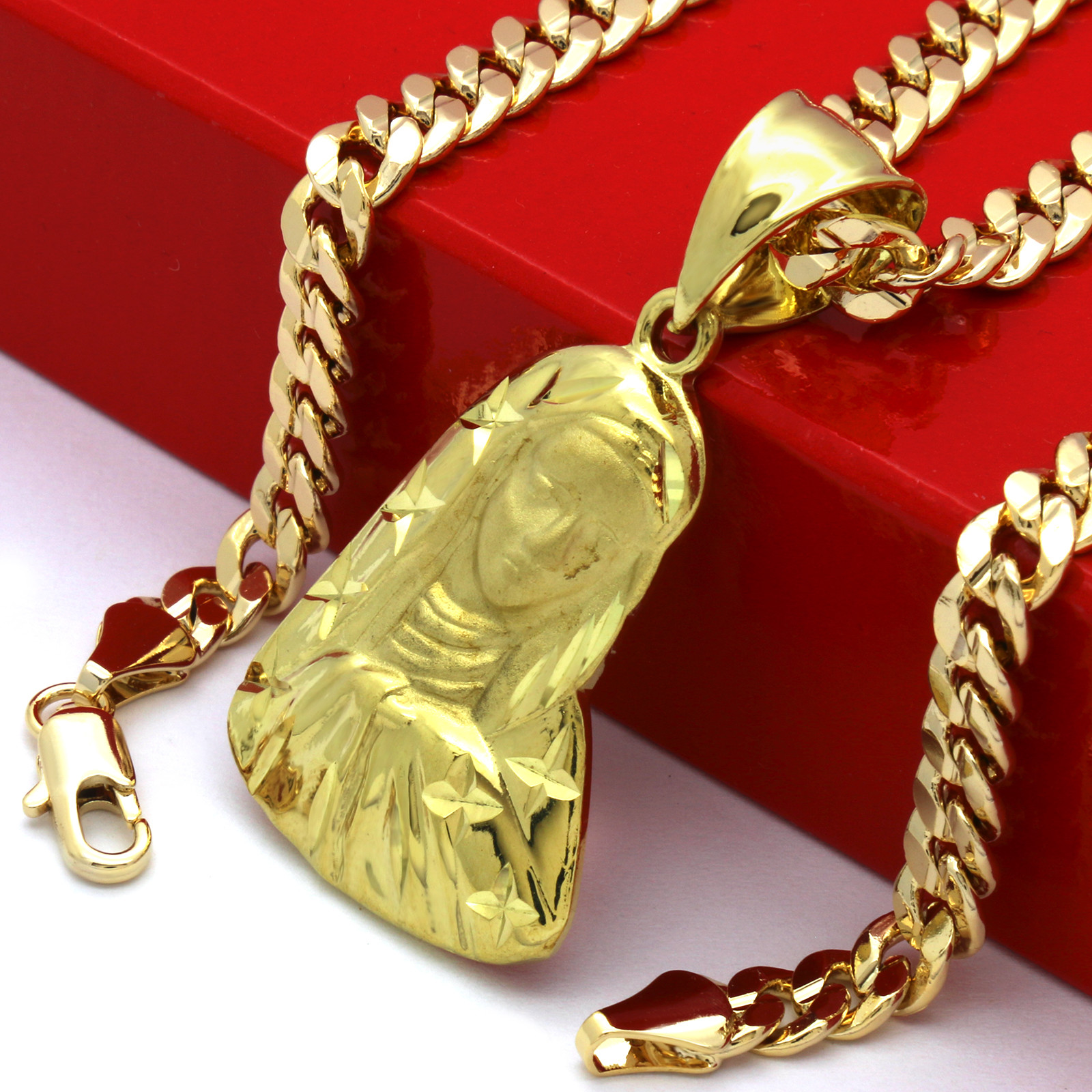 Mens 18k Gold Plated Virgin Mary /Star Pendant 5mm 24″ Cuban Necklace Chain