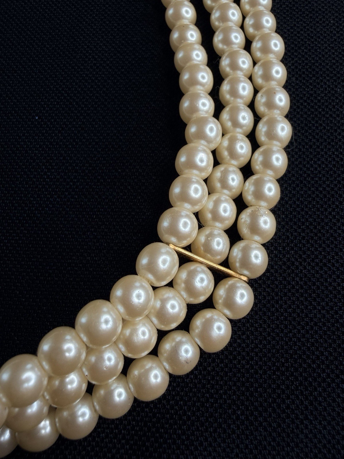 VintageVintage Signed 1928 Triple Strand Pearl Choker Necklace Gold Tone Filigre