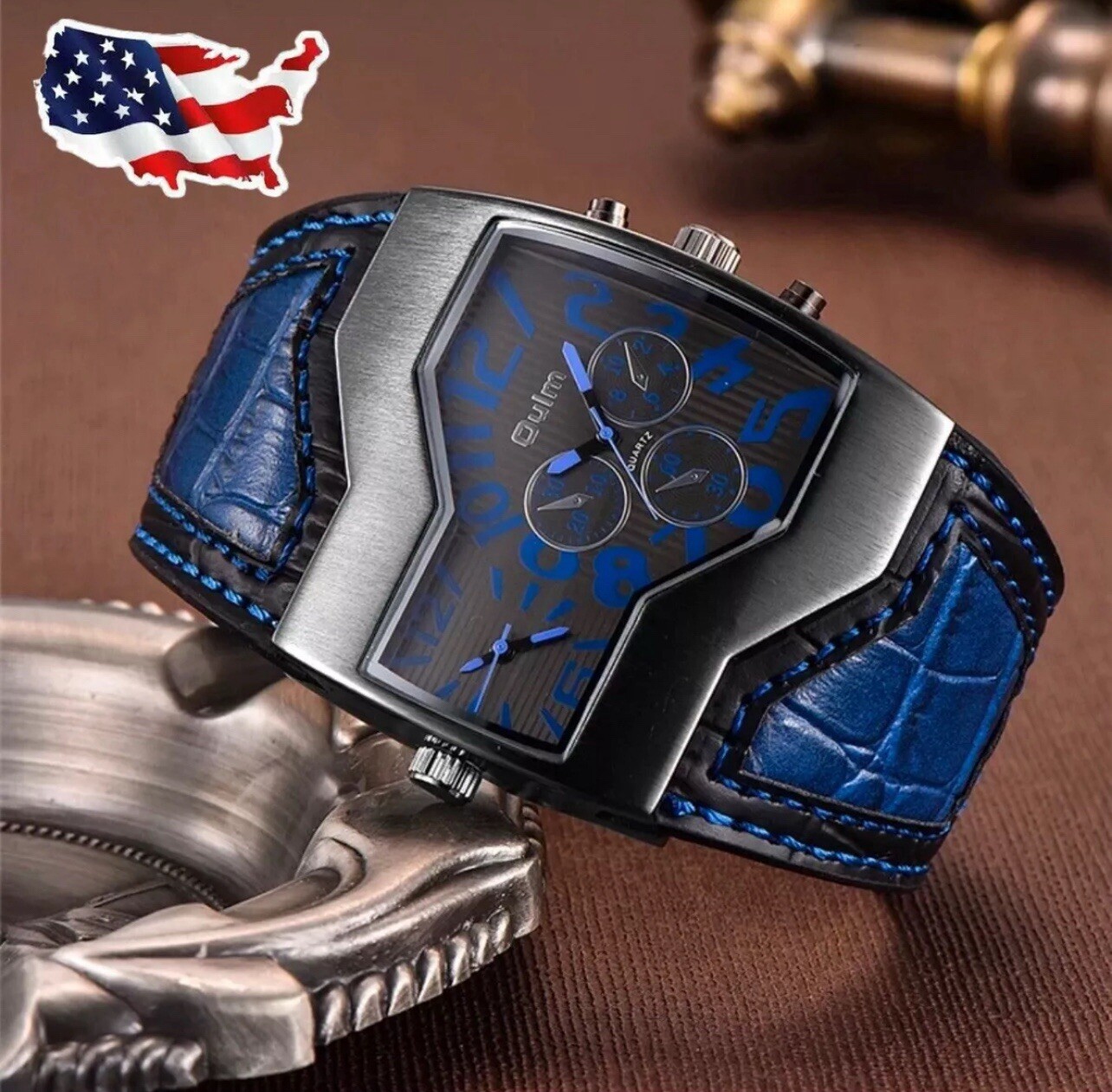 OULM Mens Casual Quartz Watches Dual Time Big Face Wide Leather Band Watch