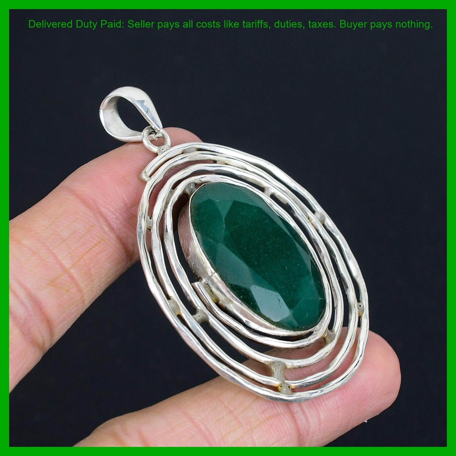 Valentines Sale Oval Natural Zambian Emrald Handcrafted Pendant Sterling Silver