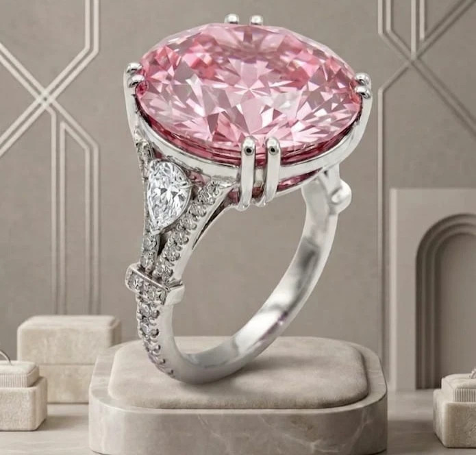 RARE 10.00 Ct Certified Round Cut Pink Treated Diamond Ring White Gold Finish