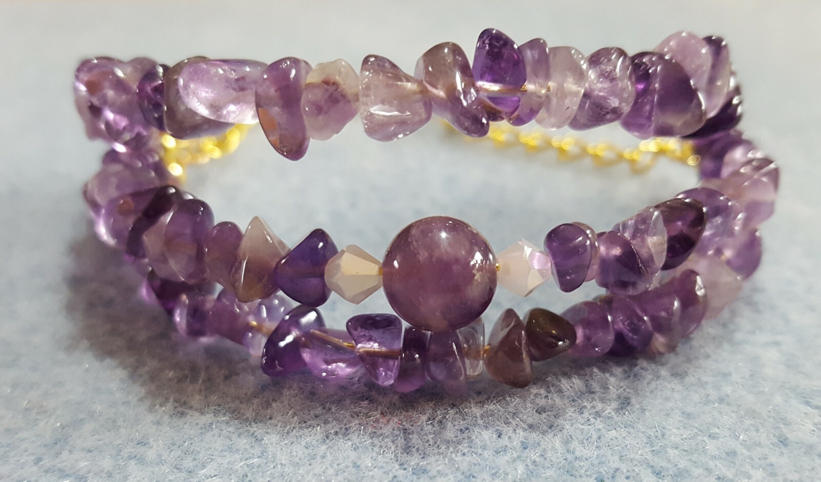 Genuine Amethyst gemstone 3 row gold plated bracelet 7-10 inches long