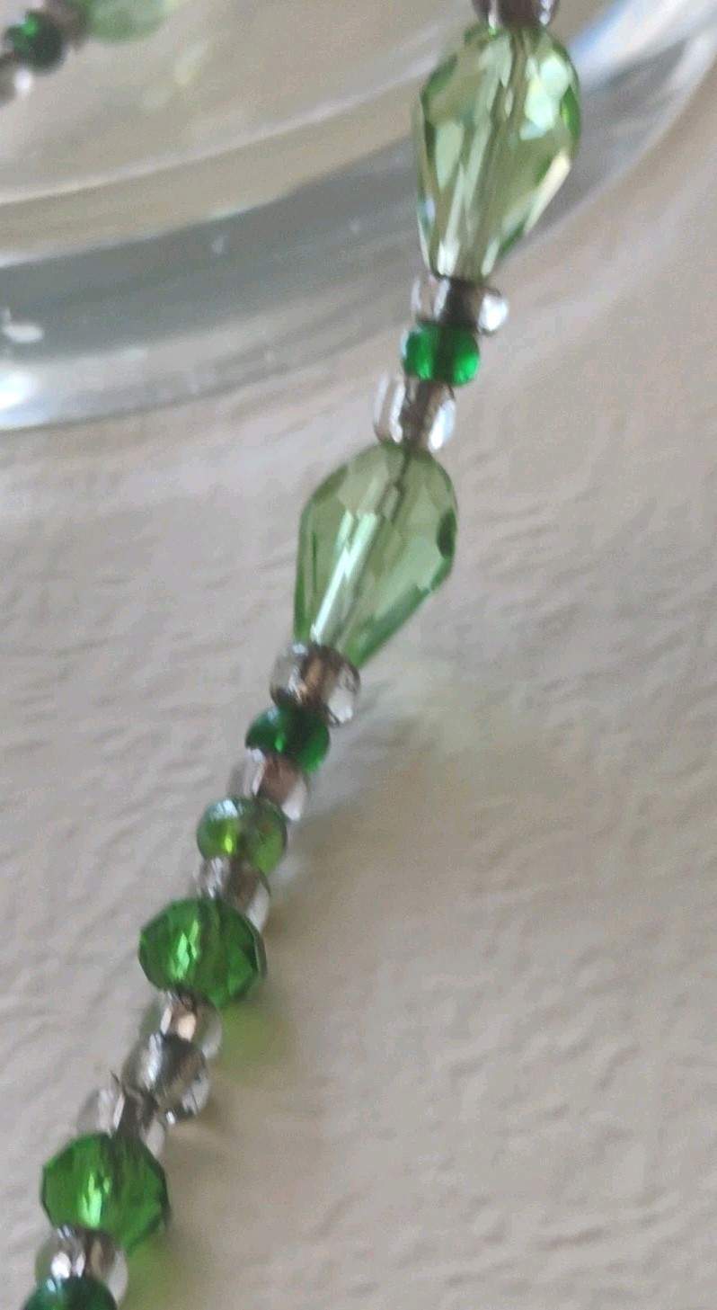 All Elegant Crystals necklace earrings Green briolette Glass Silver metal