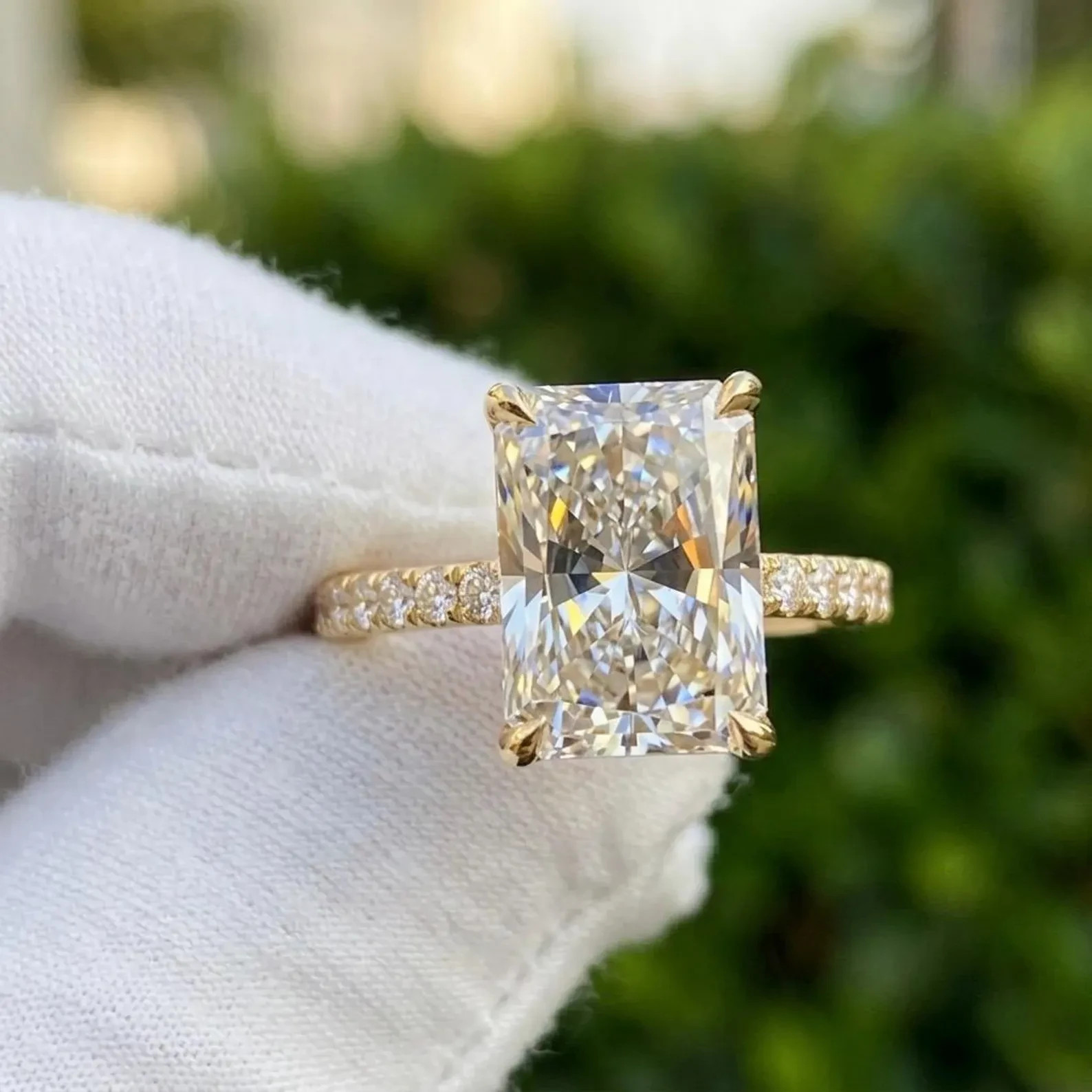 Radiant 2CT Lab Grown Diamond In 14k Yellow Gold For Hidden Halo Wedding Ring