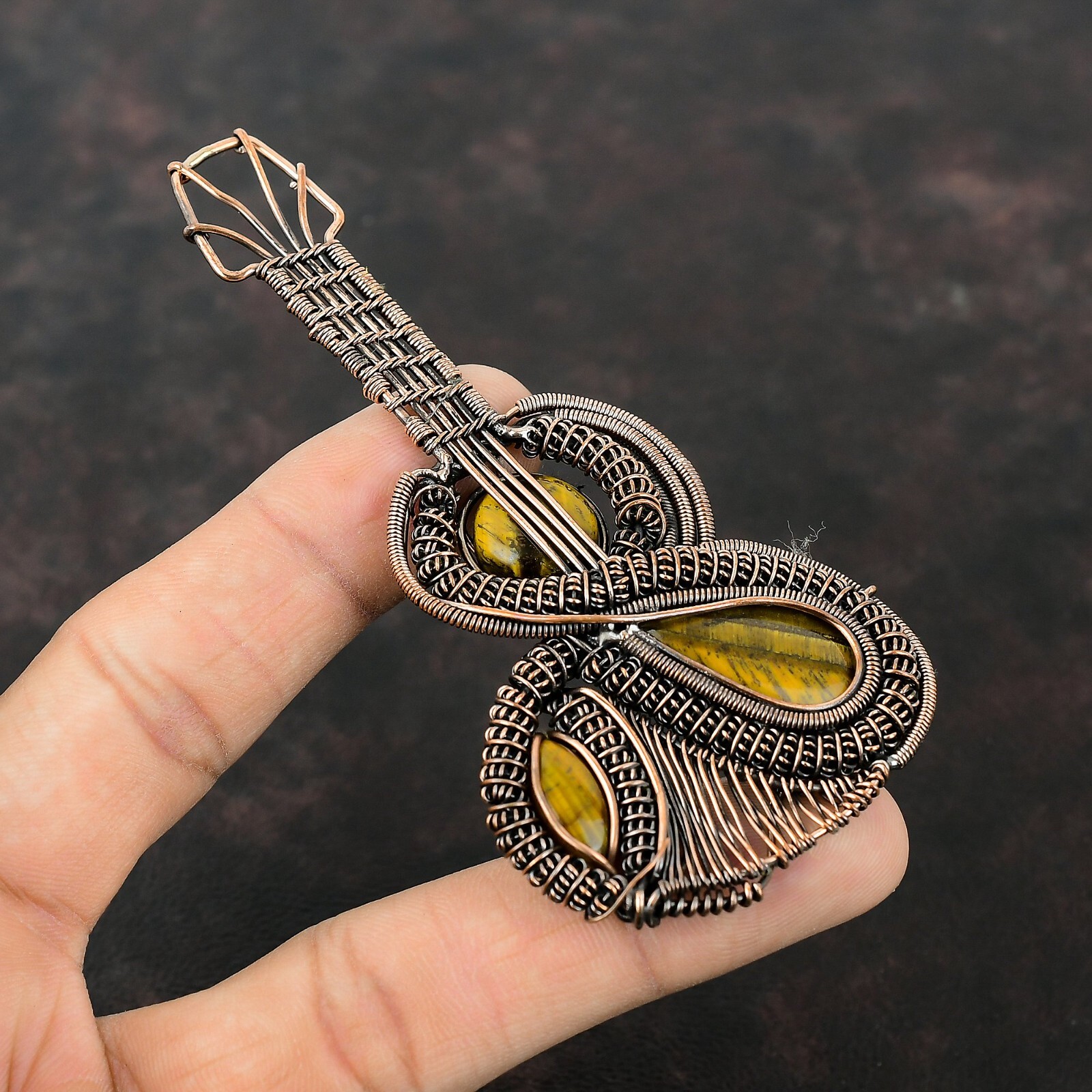 Tiger’S Eye Copper Gift For Friend Wire Wrapped Guitar Pendant 4.06″