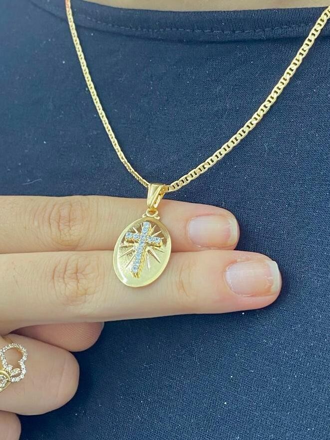 14K Gold Filled Crucifix Necklace CZ Charm Crucifix Women Men Kid Baby Figaro