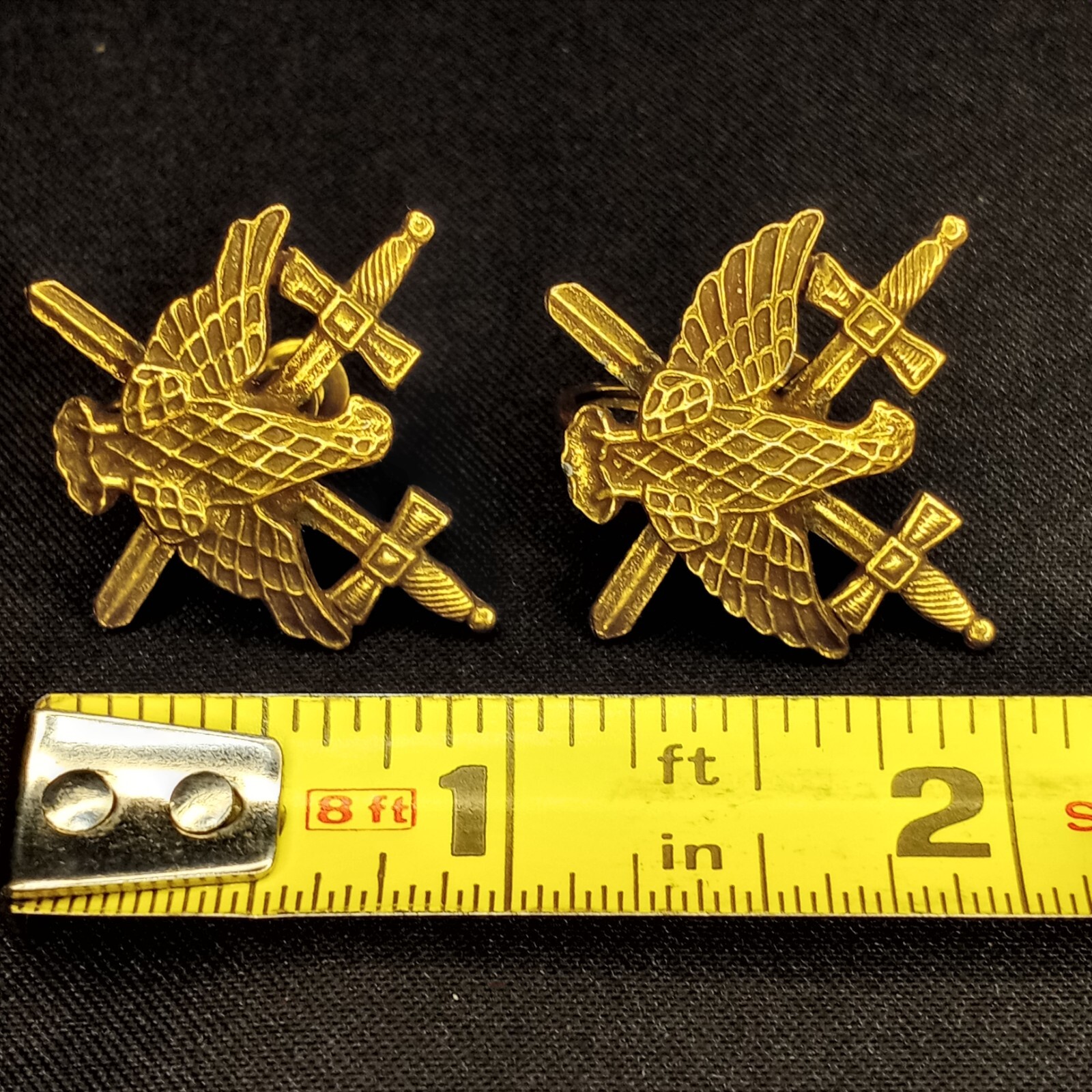 Large Vintage Earrings Sword Shield Crown Eagle Pin Military Style Gold Tone