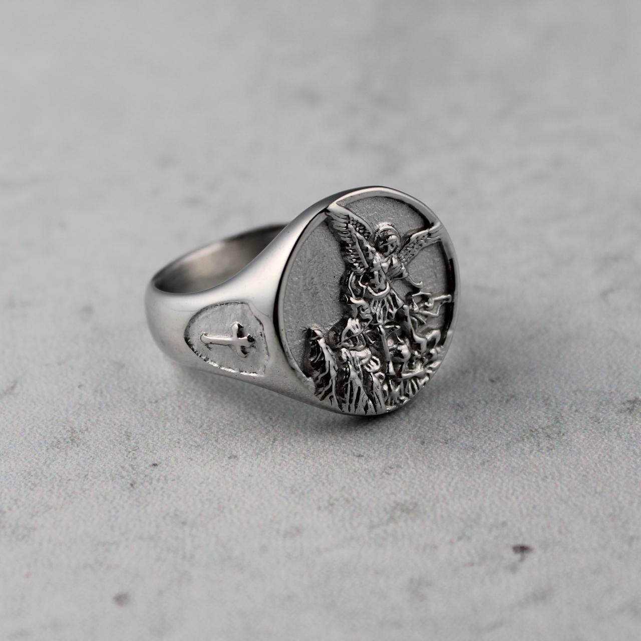 Silver Saint Michael Signet Ring Circle Cross Stainless Steel