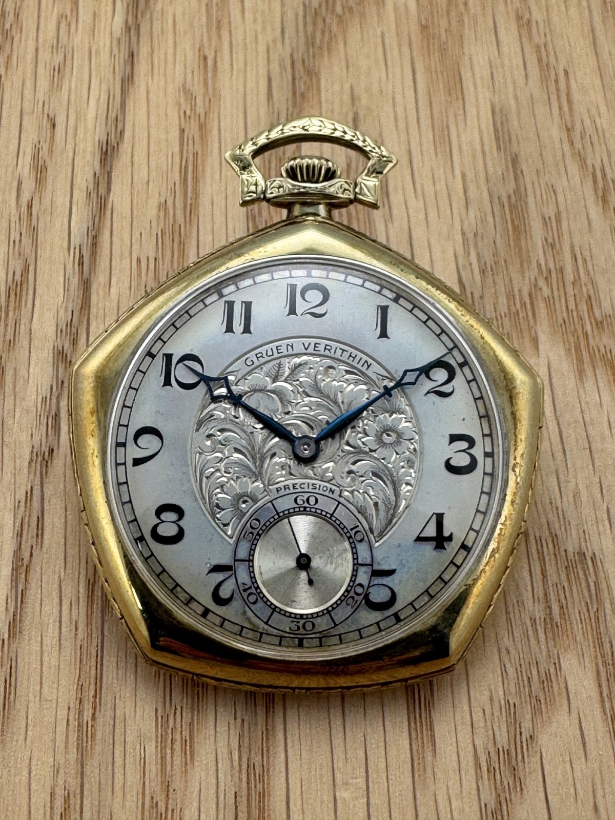 Gruen Precision Verithin Pentagon 14K Solid Green Gold Pocket Watch 1920s RARE!