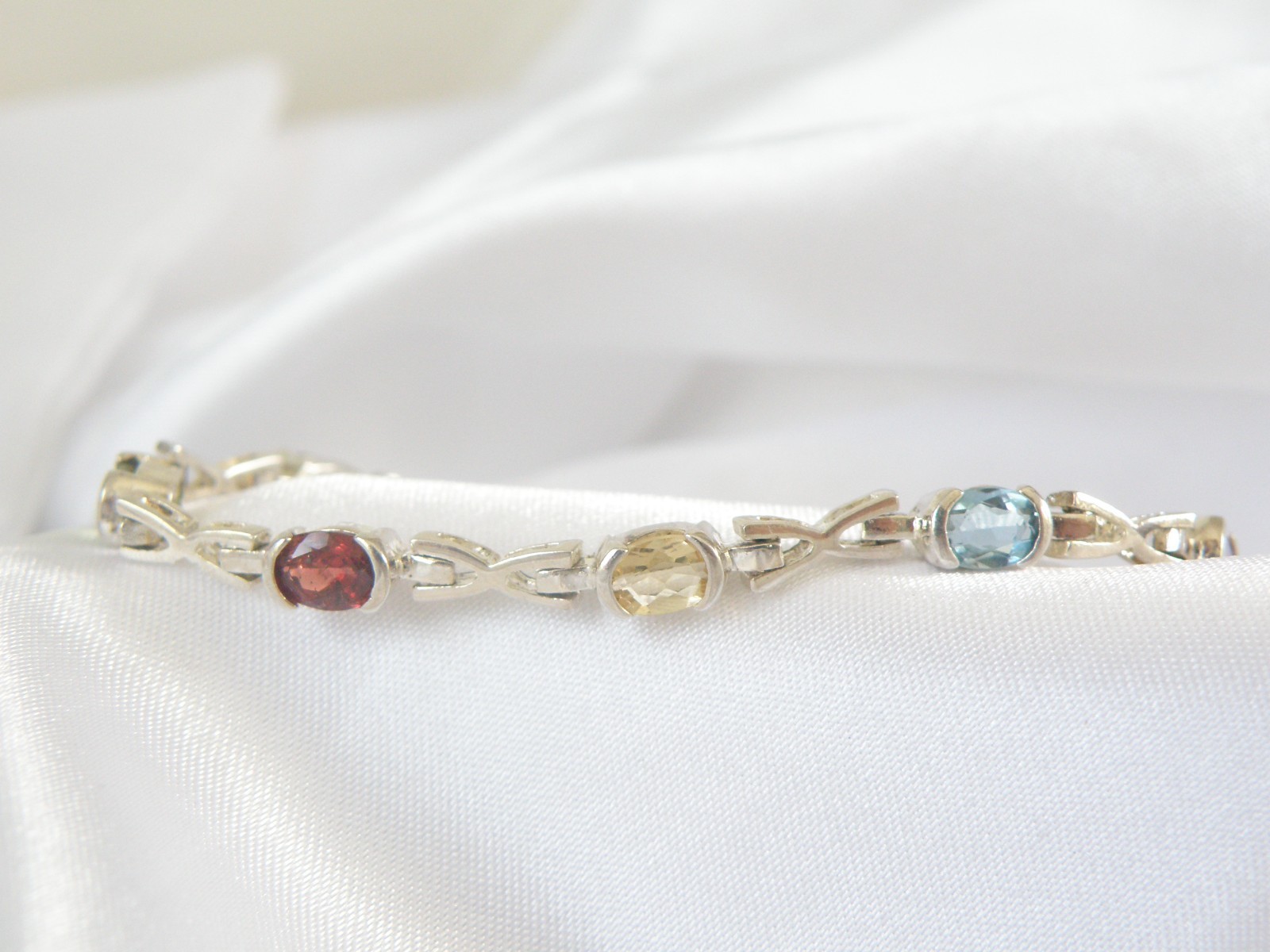 Vintage Sterling Silver 925 Gemstone Tennis Station Link Bracelet 7″
