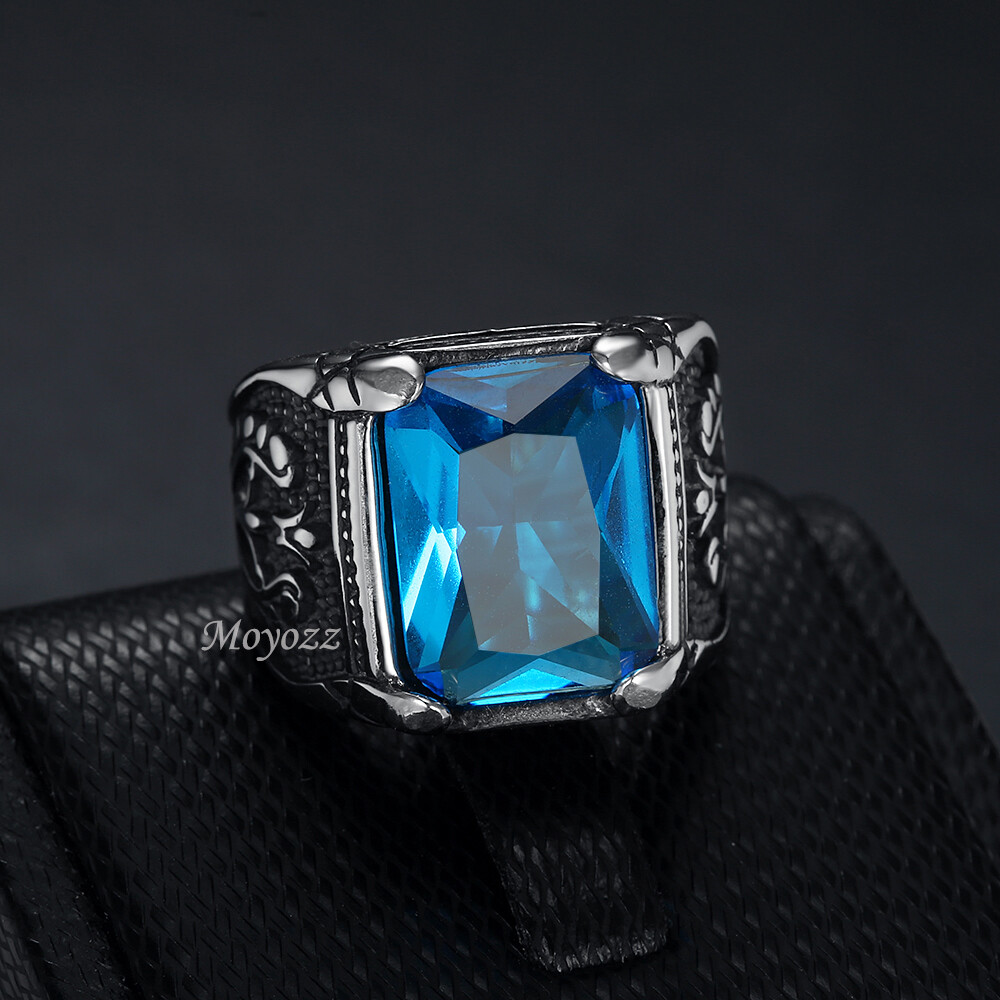 Mens Blue Red CZ Aquamarine Square Stone Ring Stainless Steel Size 7 8 9-15 Gift