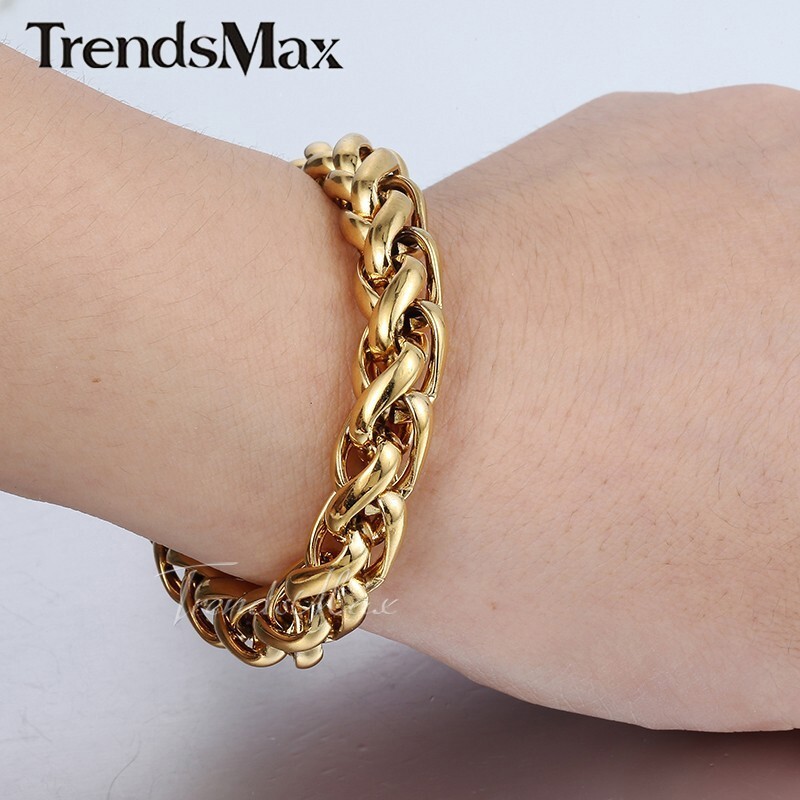 9.5mm 7″ Men Women Chain Gold Plated Stainless Steel Braided Wheat Link Bracelet