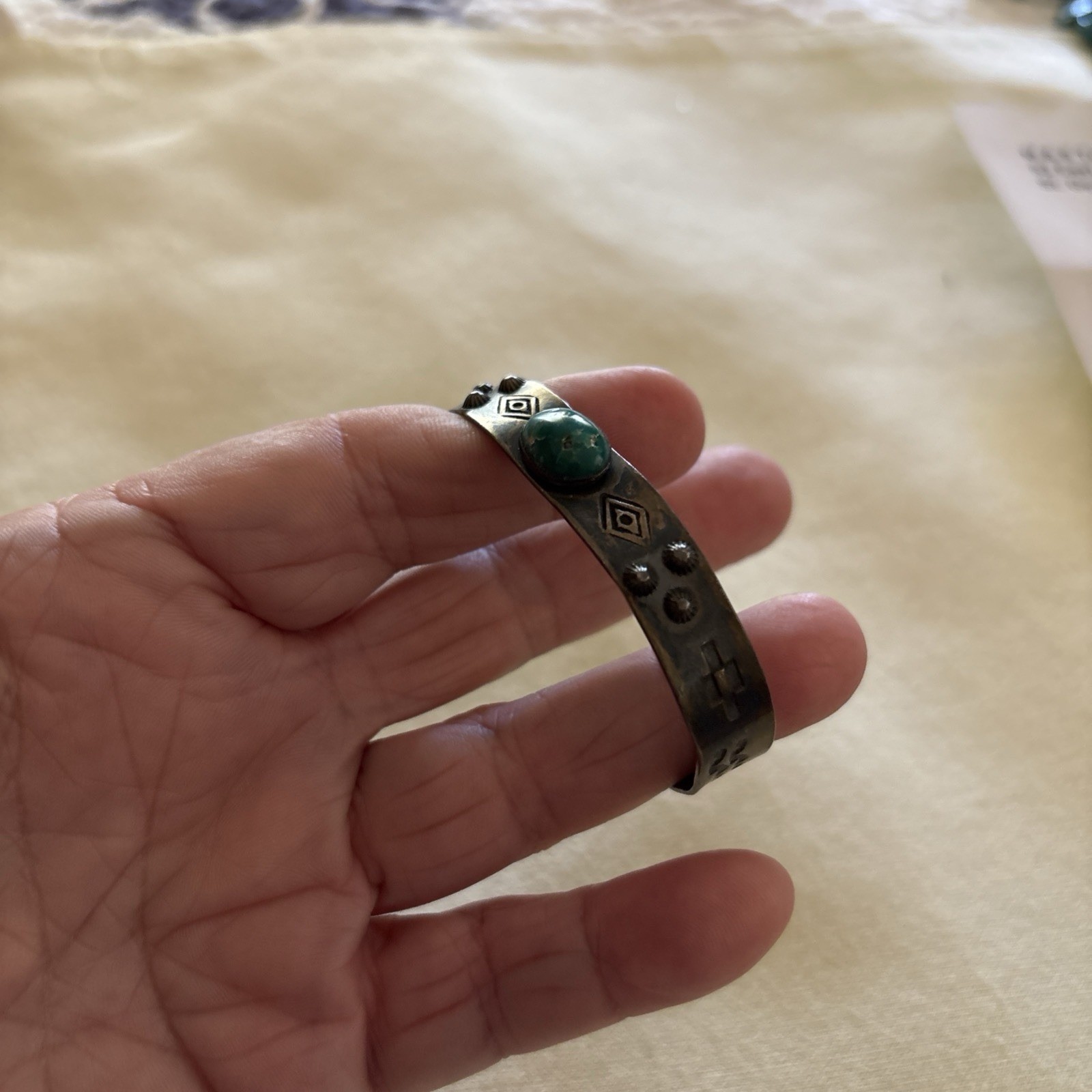 Fred Harvey Era cuff-stamped Sterling with Green Turquoise Stone