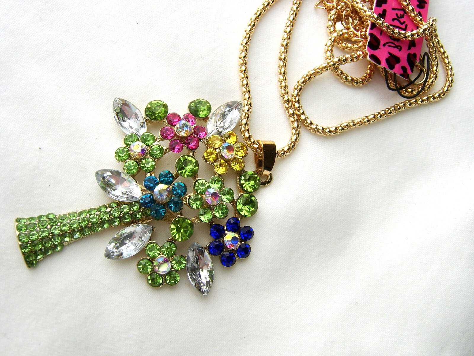 Betsey Johnson Multicolor Rhinestone Crystal Tree White Green Pink Gold Necklace