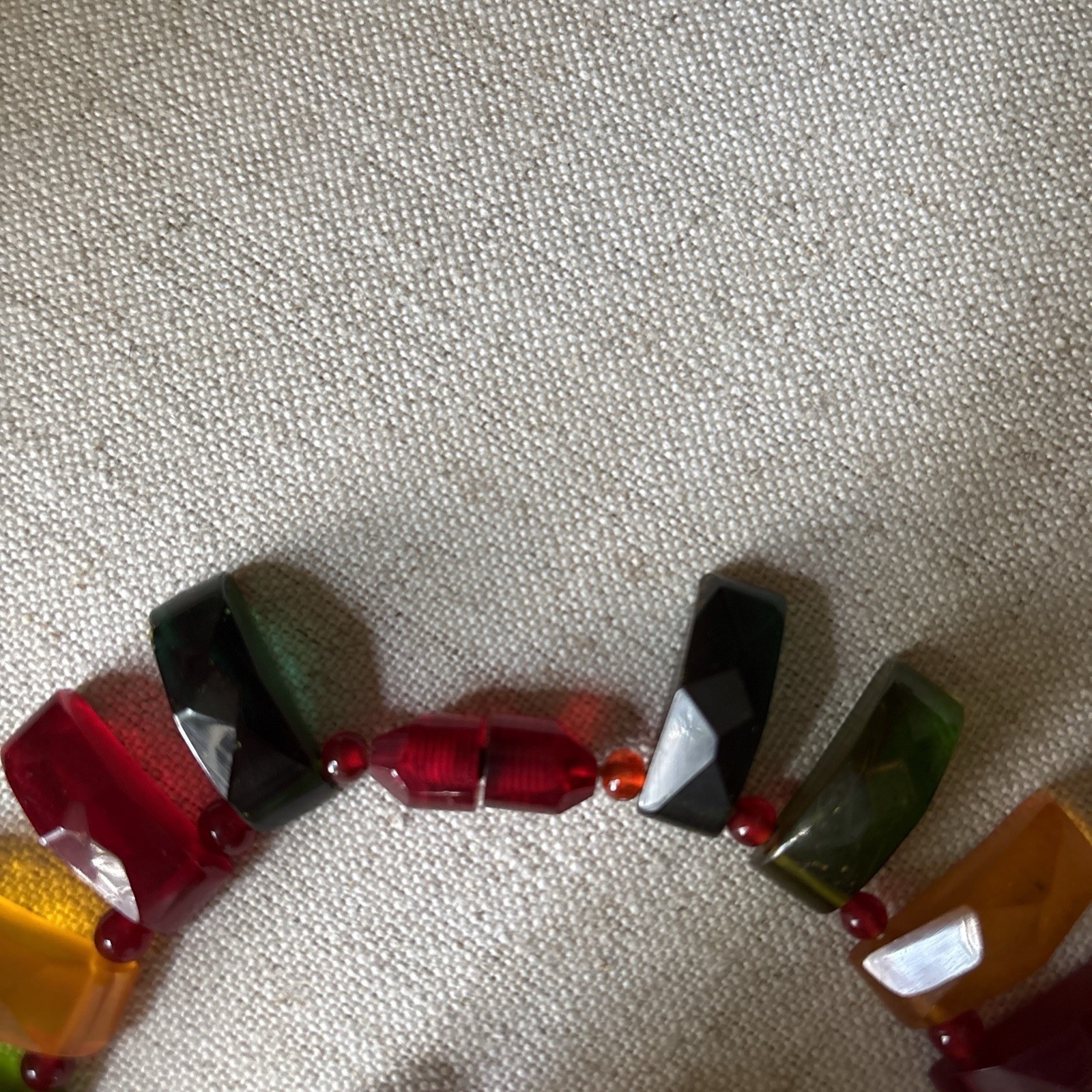 Vintage Tested Bakelite Faceted Geometric Necklace Red Green Amber 16” Lucite Sp